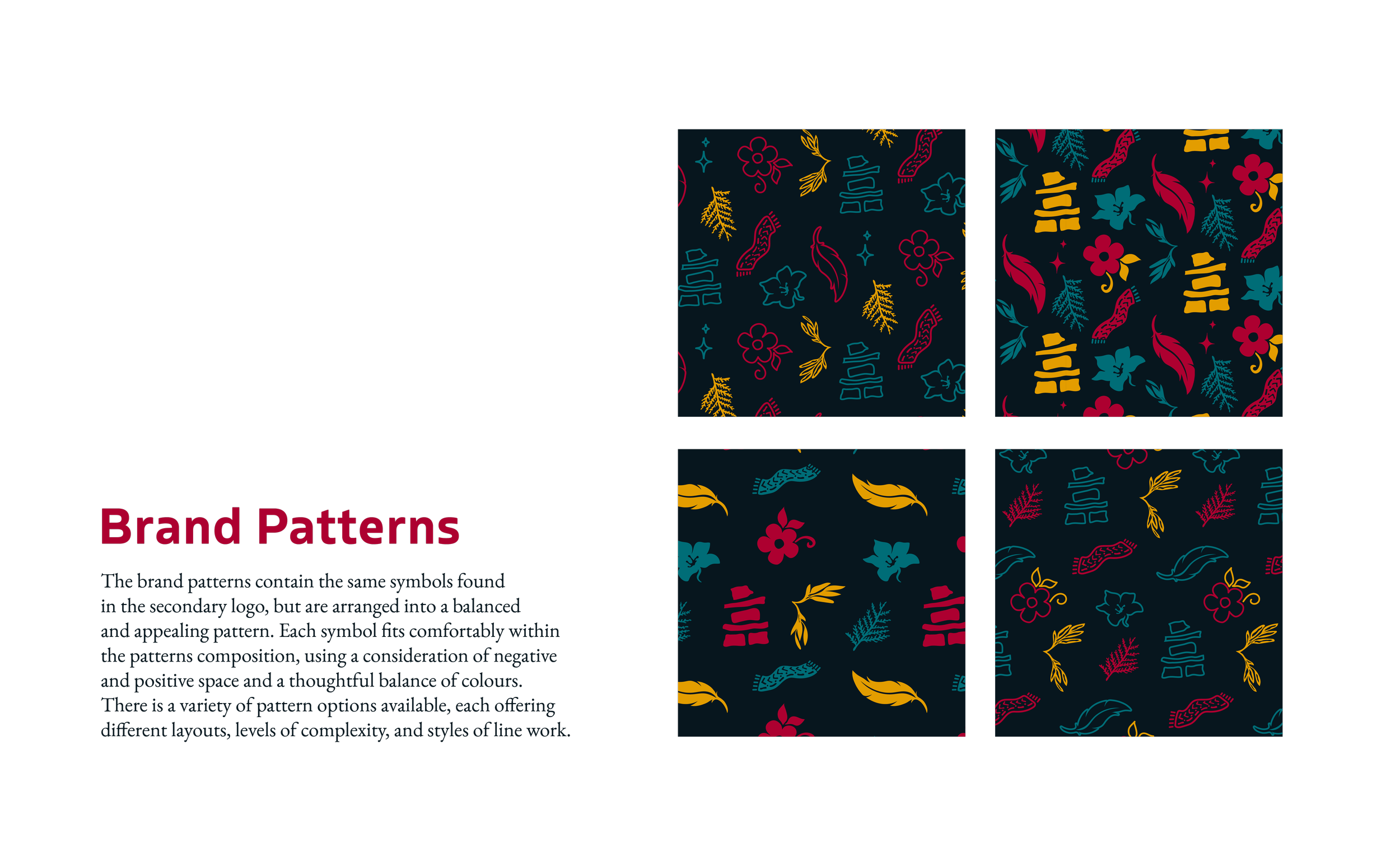 Four colorful brand pattern designs featuring abstract floral, leaf, and geometric shapes in yellow, blue, red, and teal on a dark background, with accompanying text explaining brand pattern design principles.