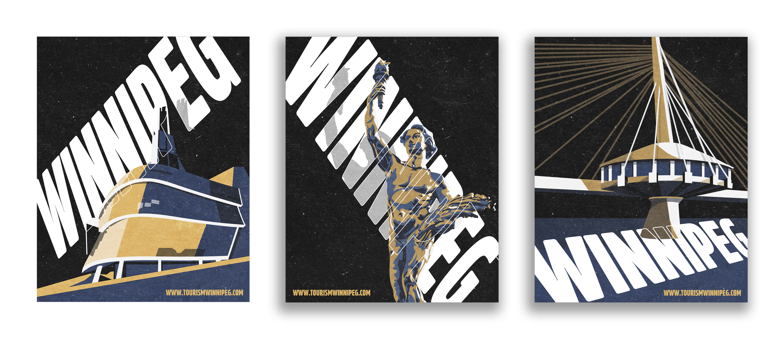 Three vintage poster-style illustrations promoting Winnipeg tourism. The first shows a building with a spire and the website www.tourismwinnipeg.com. The second features a stylized statue of a woman holding a torch, with diagonal lines and the website. The third depicts a circular tourism information tower with radiating lines, also with the website at the bottom.