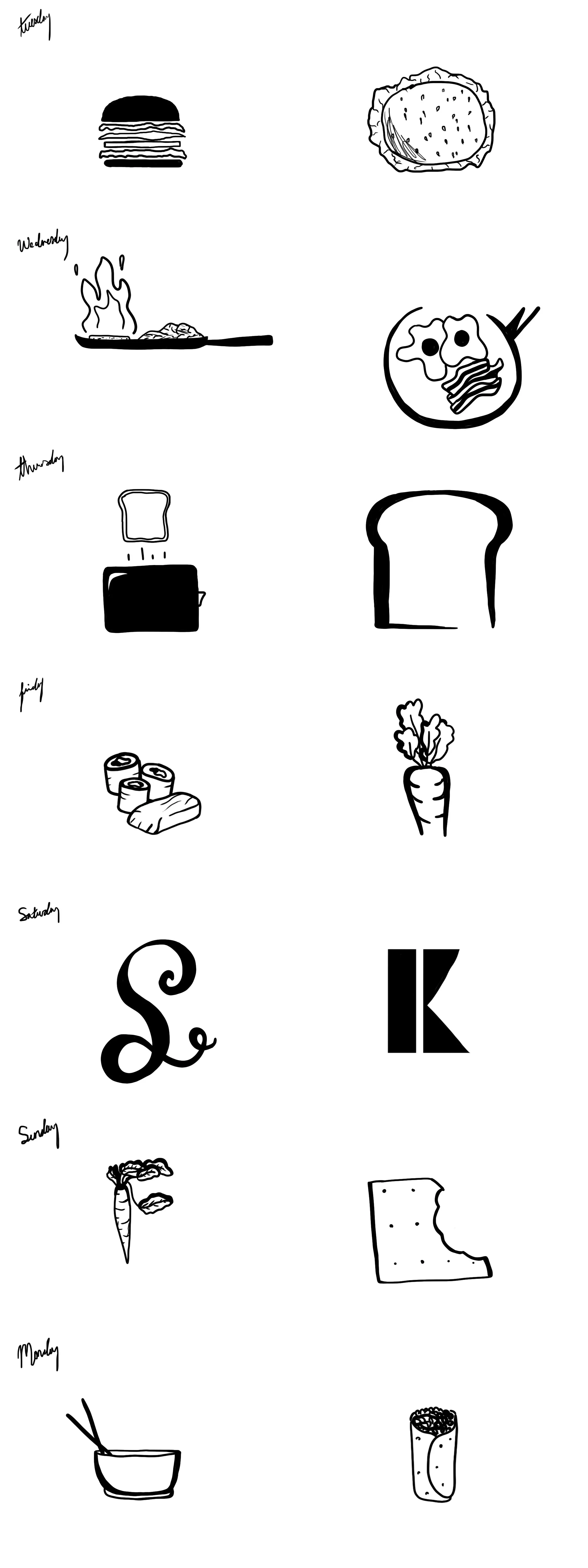 Images arranged to spell the phrase 'Thank you for breakfast and lunch' with drawings of a burger, a lettuce, a steaming plate, a slice of bread, some sushi rolls, a carrot, a bowl of soup, and a drink.