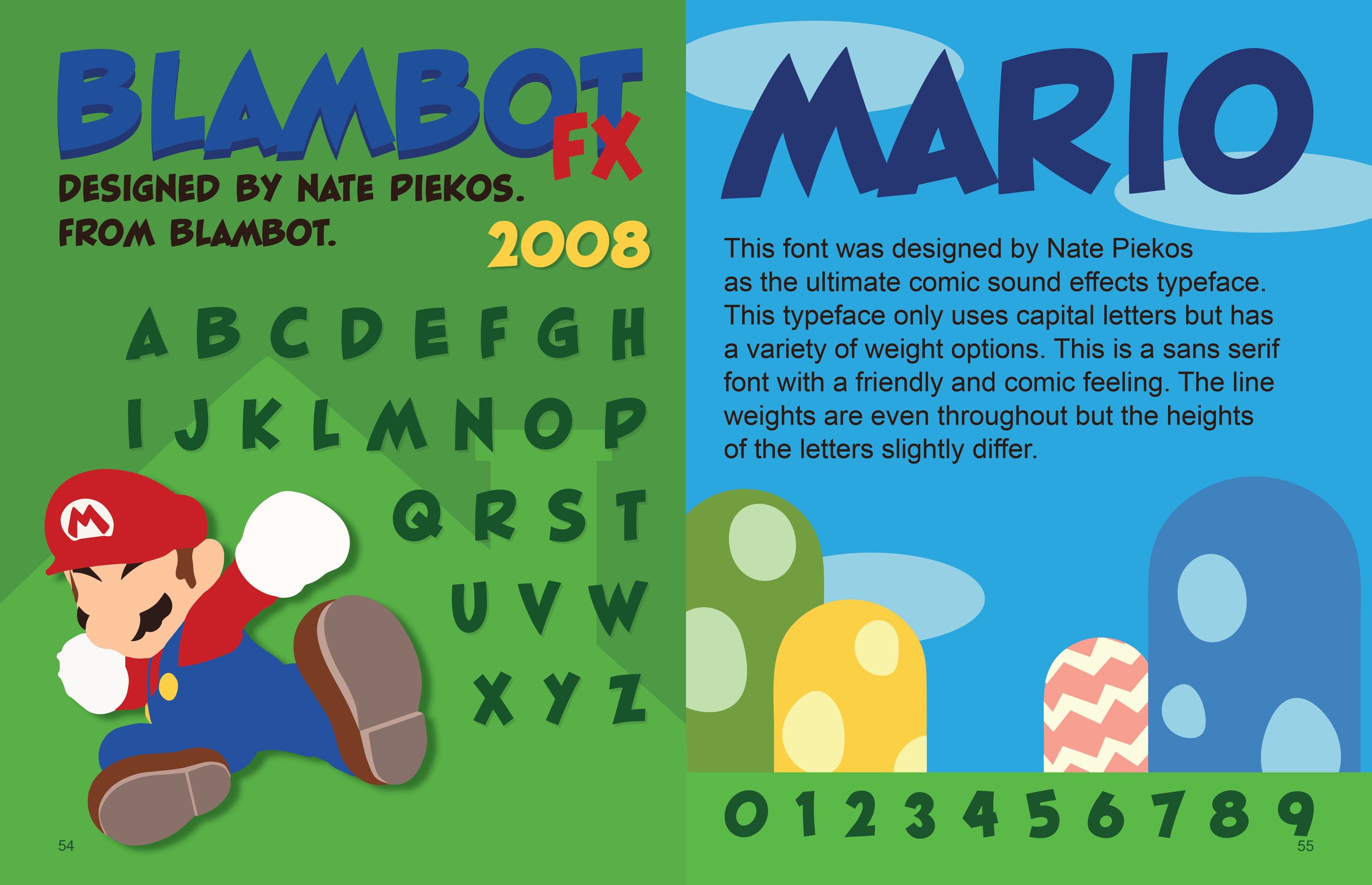 Colorful infographic featuring the 'Blambot FX' font designed by Nate Piekos in 2008, with a section displaying uppercase alphabet letters, a Mario character illustration, and decorative mushroom shapes with a paragraph describing the font as a comic sound effects typeface with various weight options.