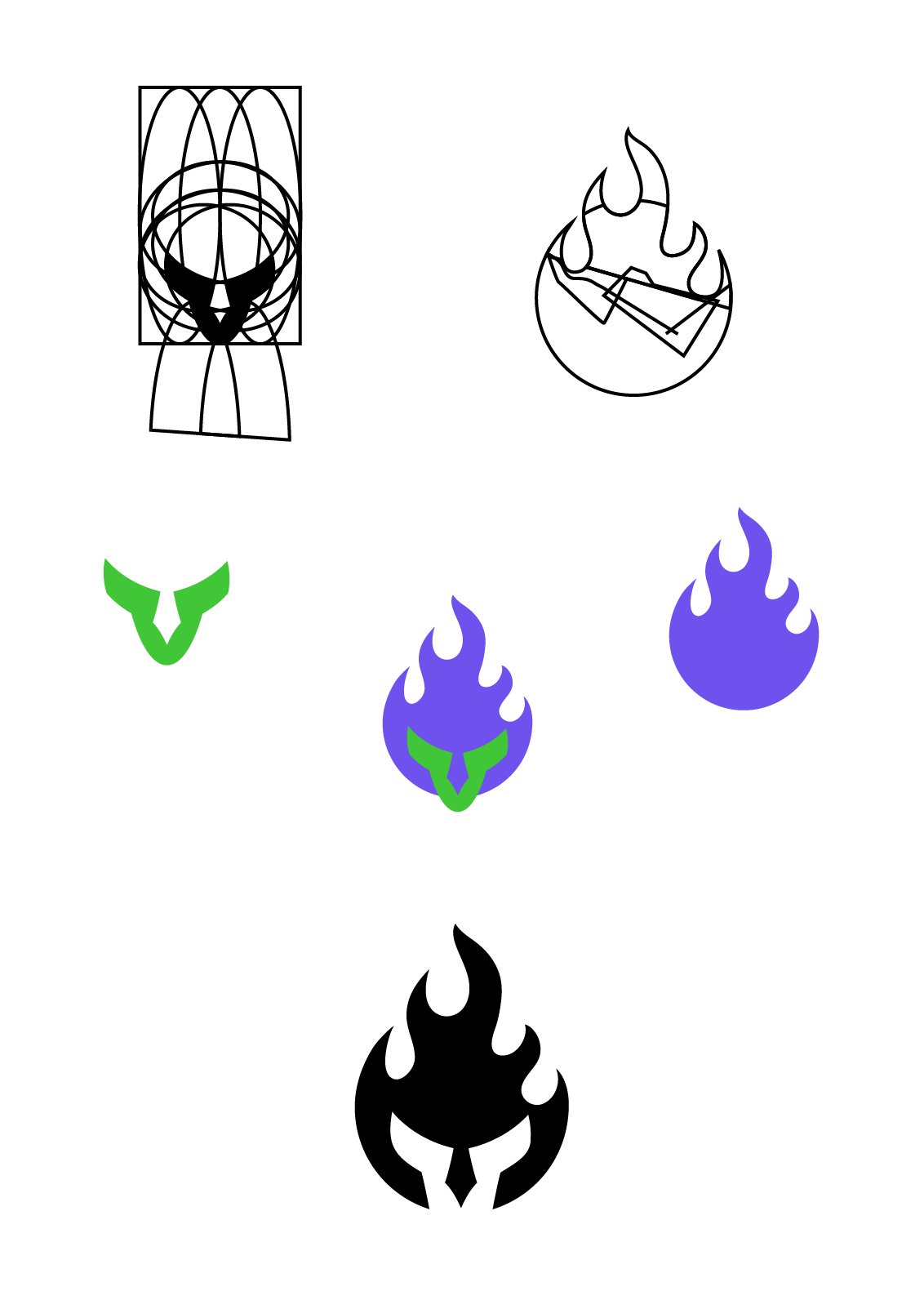 A black background with three stylized flames in purple and green, with two of them featuring a green skull face.