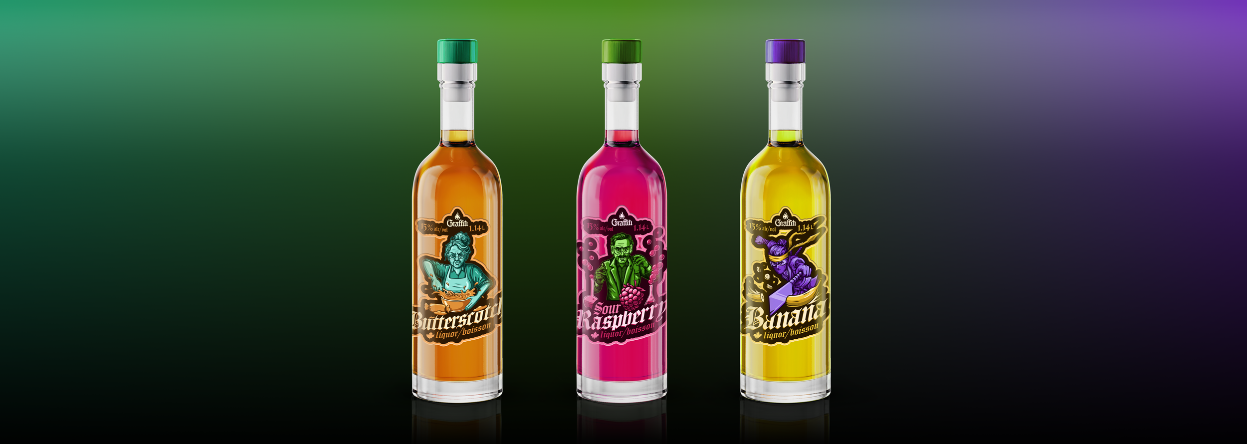 Three bottles of flavored liquor with colorful labels, labeled Butterscotch, Sour Raspberry, and Banana.