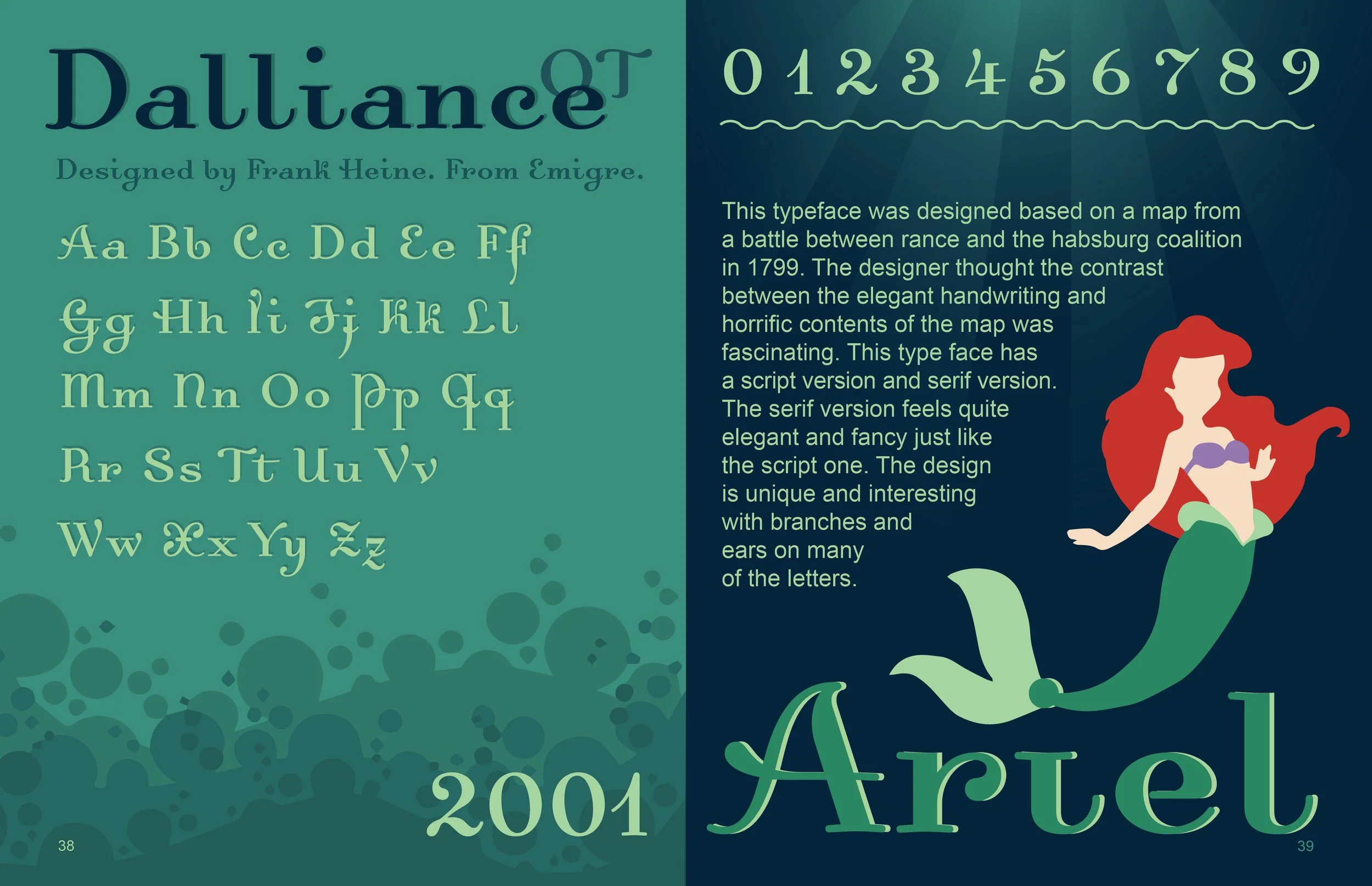 A page with a block of serif and script typeface letters on the left and a paragraph of text on the right, featuring an illustration of a mermaid with red hair, a purple top, and green tail.