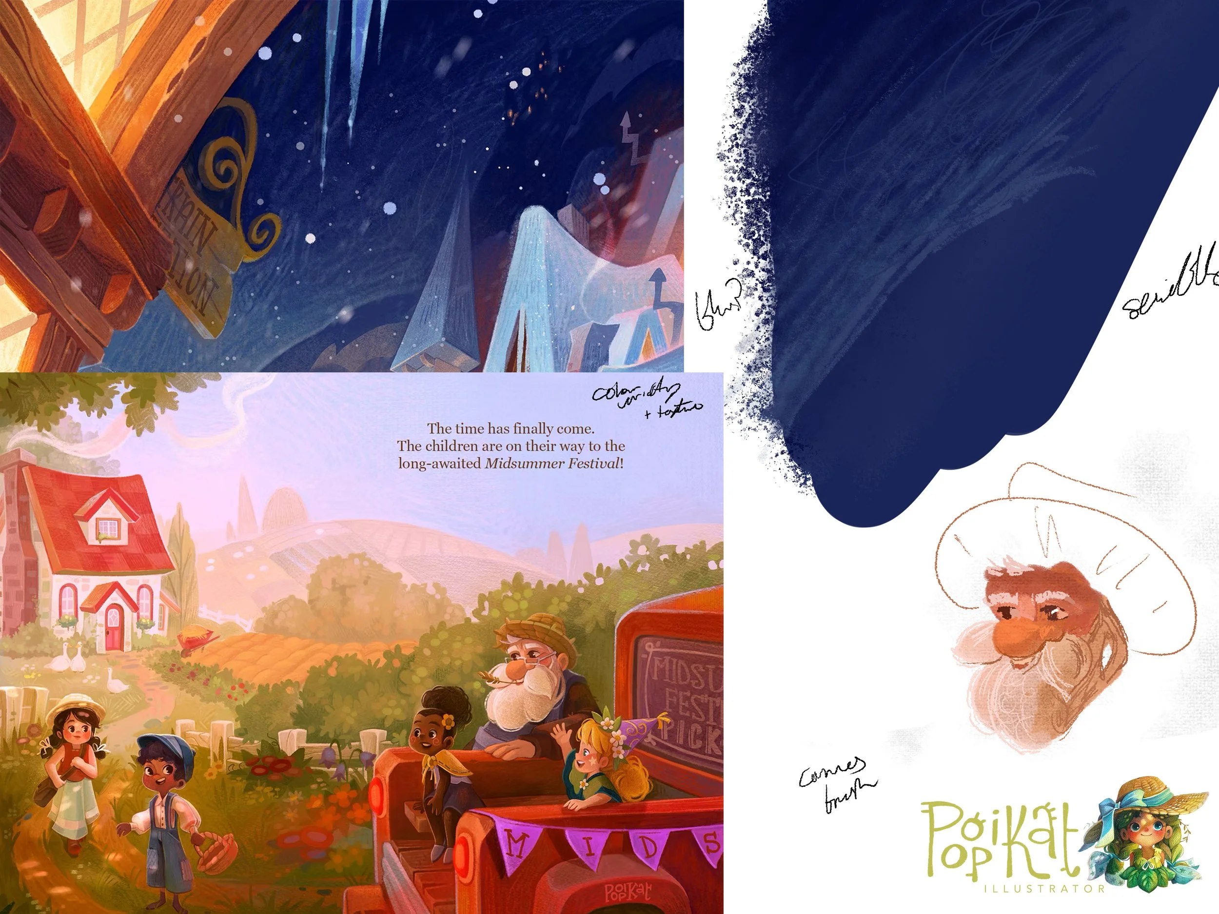 Colorful illustration of a village scene with children, a man with a white beard, and a woman dressed as a fairy or elf, celebrating a midsummer festival in a rural landscape with houses, trees, and fields under a pastel sky.