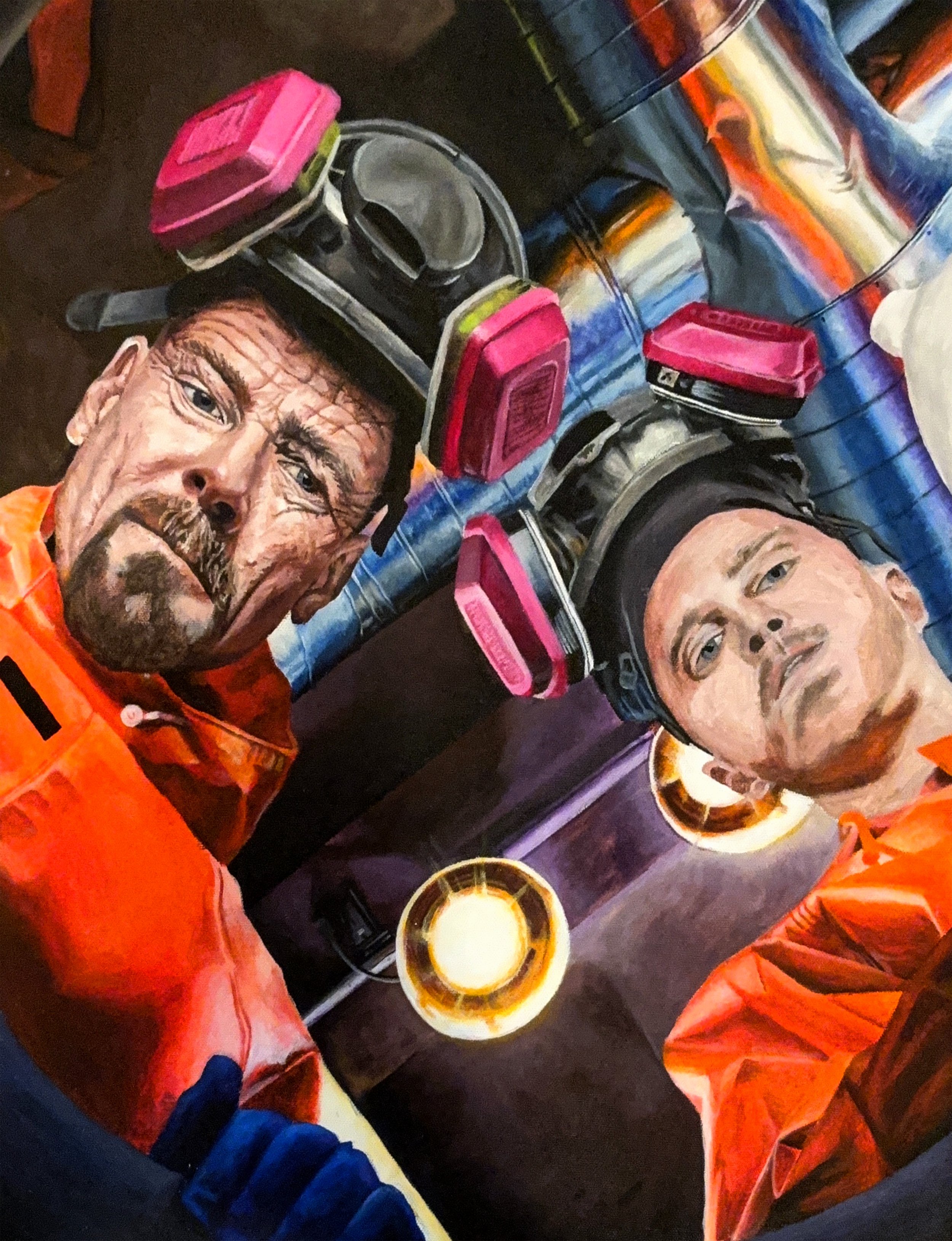 Painting of two rescue workers in orange uniforms wearing headlamps, with one holding a blue tool, standing in a room with a bright yellow light on the table between them.