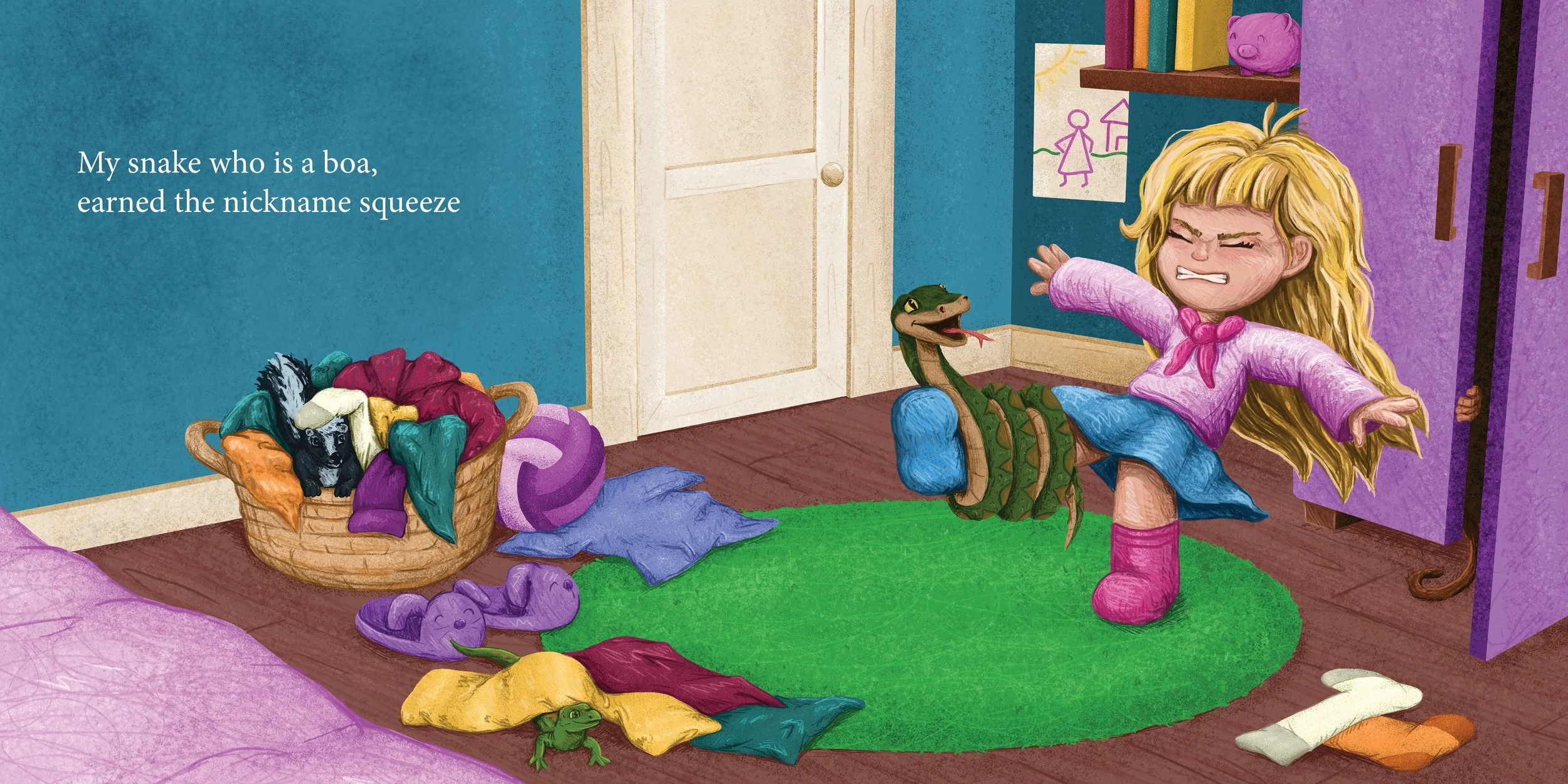 A young girl with long blonde hair, wearing a pink shirt and blue shorts, is pretending to kick a toy snake in her bedroom. The snake is green with a brown belly, and she is smiling with her eyes closed. The room has a purple wardrobe, a pink bed, a green circular rug, and a basket of colorful clothes. There are toys, a purple stuffed animal, and a drawing of a girl and house on the wall.