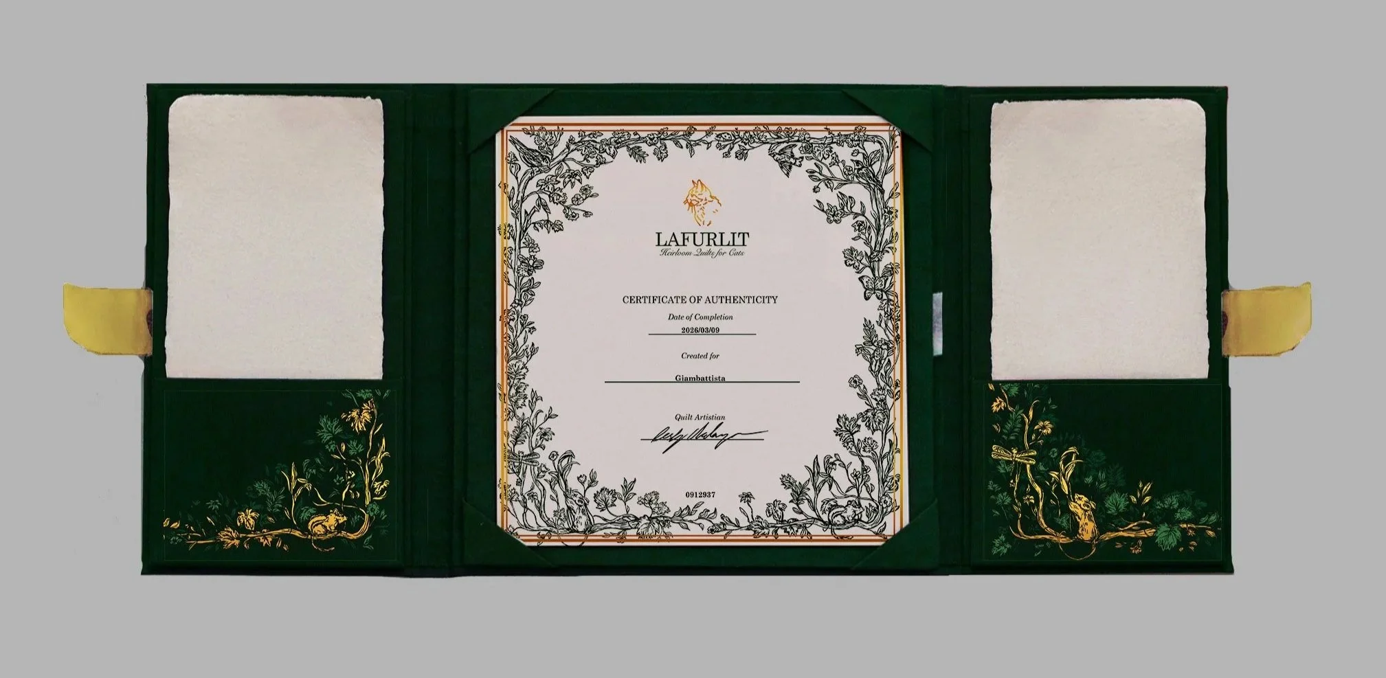 A green and gold certificate of authenticity inside a green presentation folder with gold accents and intricate floral patterns, with white fabric padding on the sides.
