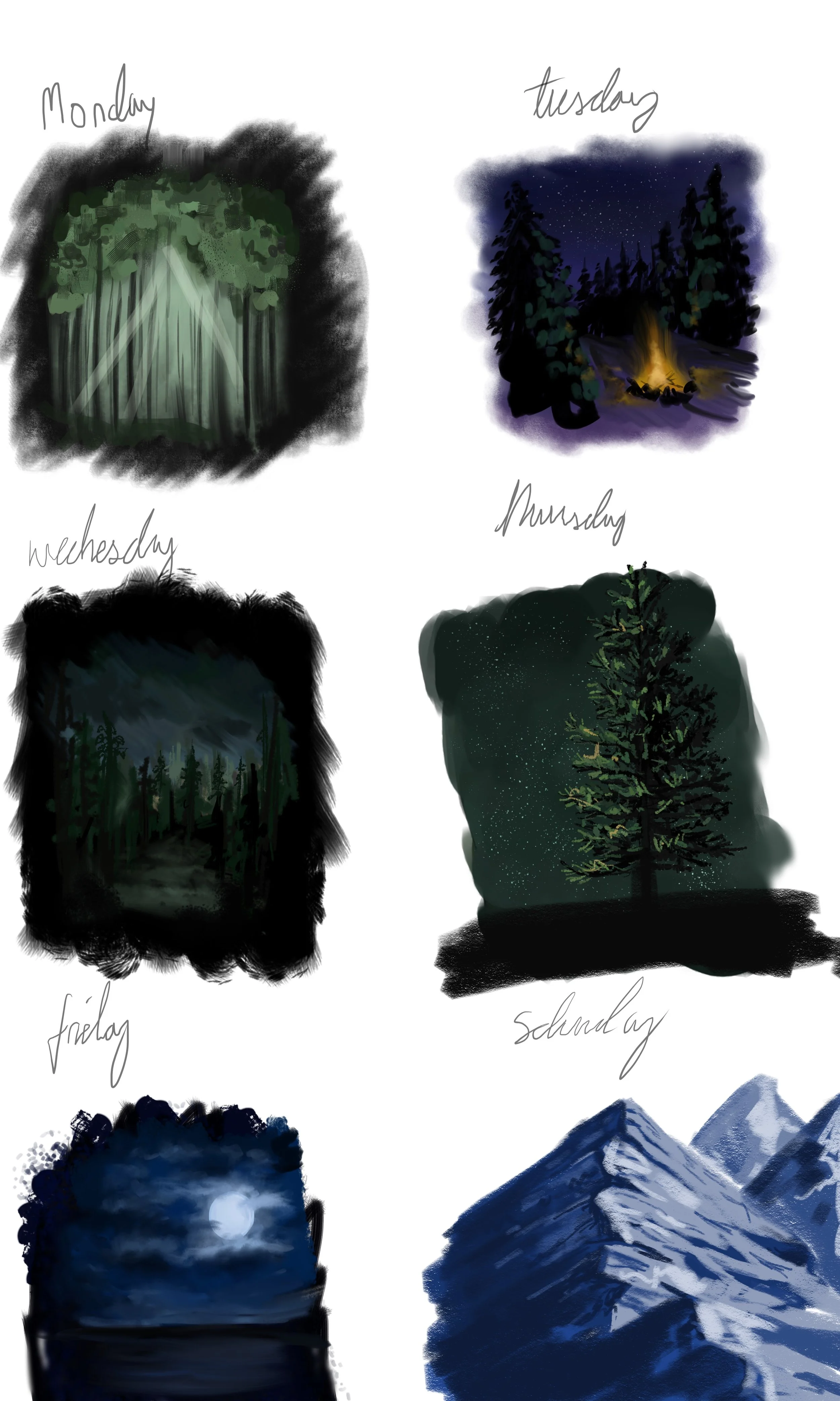 Digital painting showing a weekly planner with artistic representations of different nights and days, including a forest scene, a starry night campfire, a misty forest, a starry sky with a tree, a moonlit lake, and snow-capped mountain peaks.
