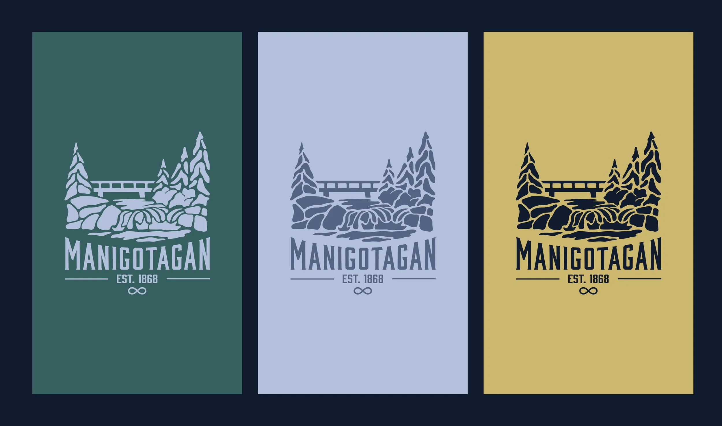 Three rectangular graphic designs with a mountain landscape, trees, a bridge, and a waterfall, each with the text "MANIGOTAGAN EST. 1868" and an infinity symbol below.
