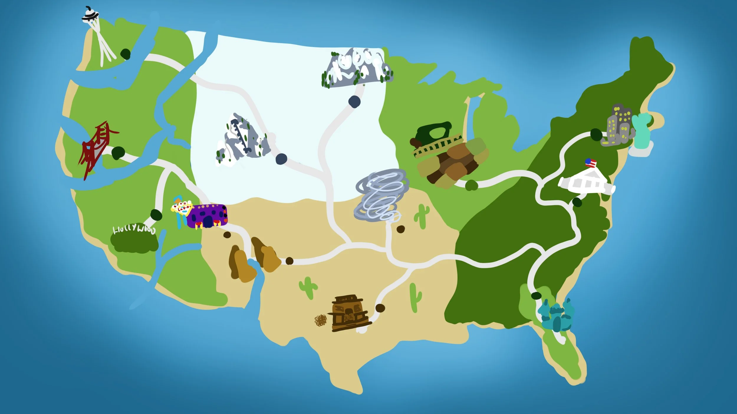 A stylized illustrated map of the United States with landmarks like the Grand Canyon, Hollywood sign, Golden Gate Bridge, Statue of Liberty, Mount Rushmore, and Disney castle, along with icons of natural and cultural sites.