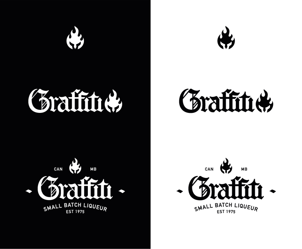 A logo design featuring the word 'Graffiti' in gothic font with a flame icon above it, and additional text indicating a small batch liqueur establishment established in 1975.