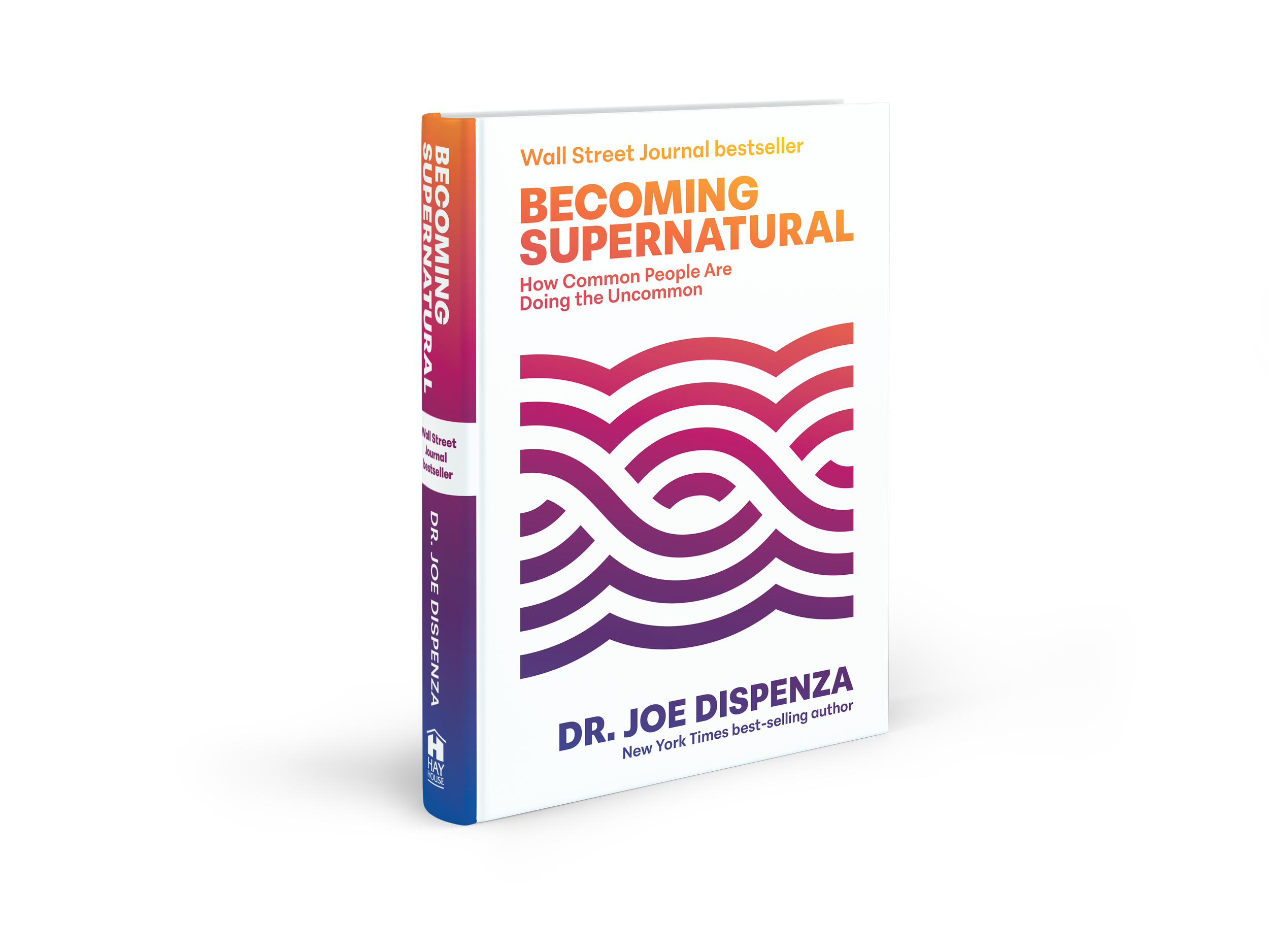 Book titled 'Becoming Supernatural' by Dr. Joe Dispenza, with a white cover decorated with purple wave patterns and orange and purple text.