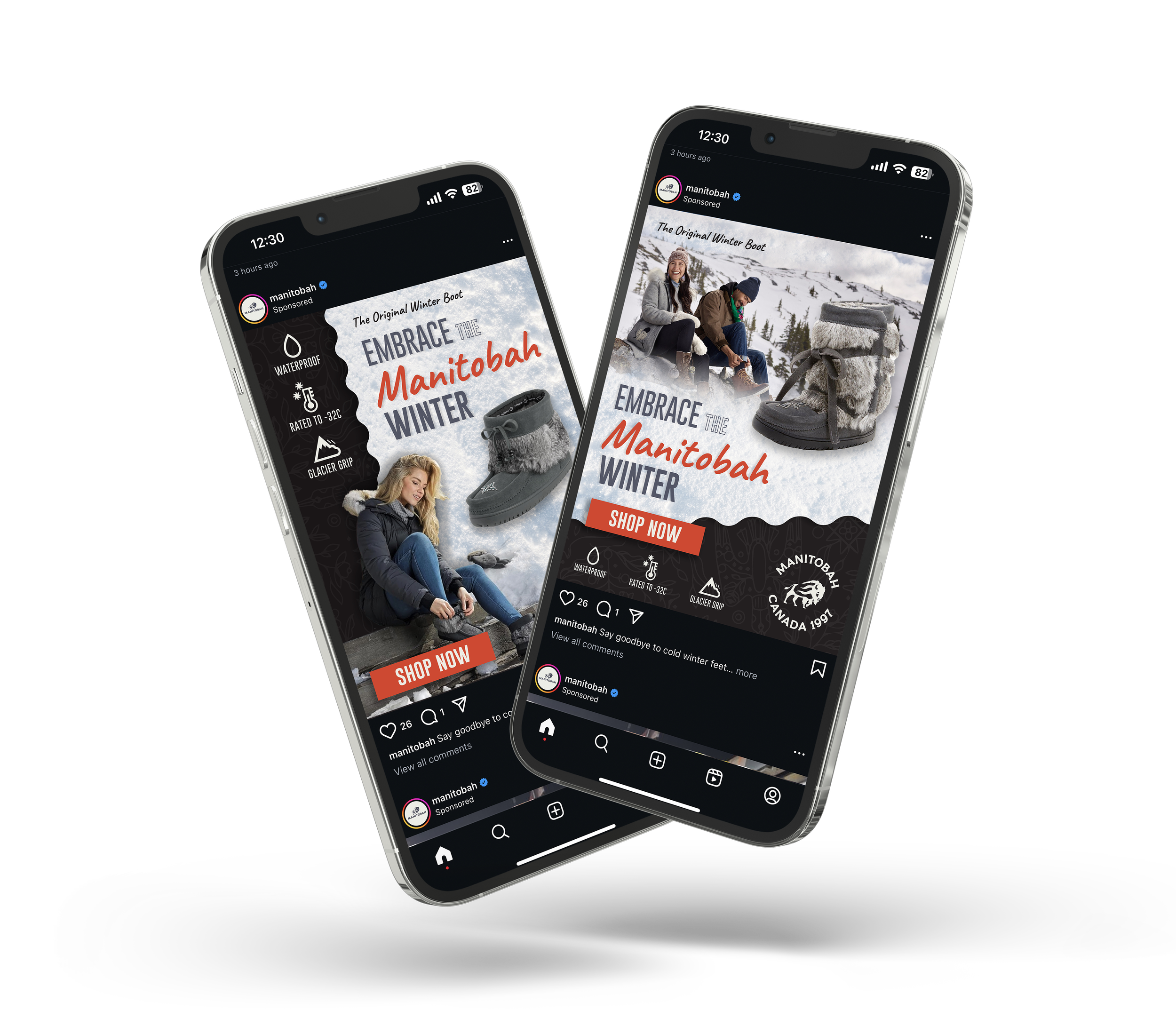 Two smartphones with Instagram posts promoting Manitoba winter boots, featuring images of people in winter gear, snow, and winter boots, with text emphasizing embracing Manitoba winter and shop now.