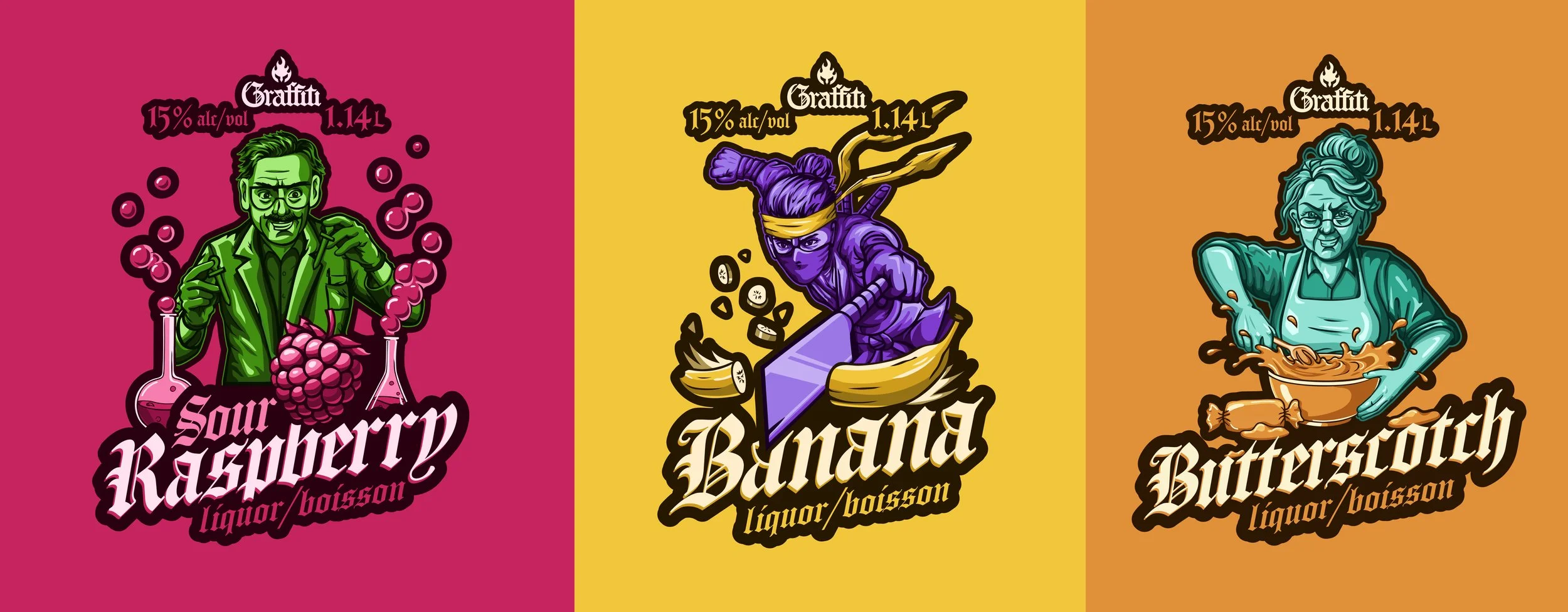 Three colorful beverage labels featuring comic-style illustrations of characters related to the flavors. The first label has a man in a green suit with glasses and a mustache, holding a bunch of raspberries, on a pink background with the text "Sour Raspberry liquor/boisson". The second label shows a ninja-like character in purple with a yellow headband, wielding a sword over a banana, on a yellow background with the text "Banana liquor/boisson". The third label depicts an older woman in teal with glasses, stirring a bowl with a spoon, on an orange background with the text "Butterscotch liquor/boisson".