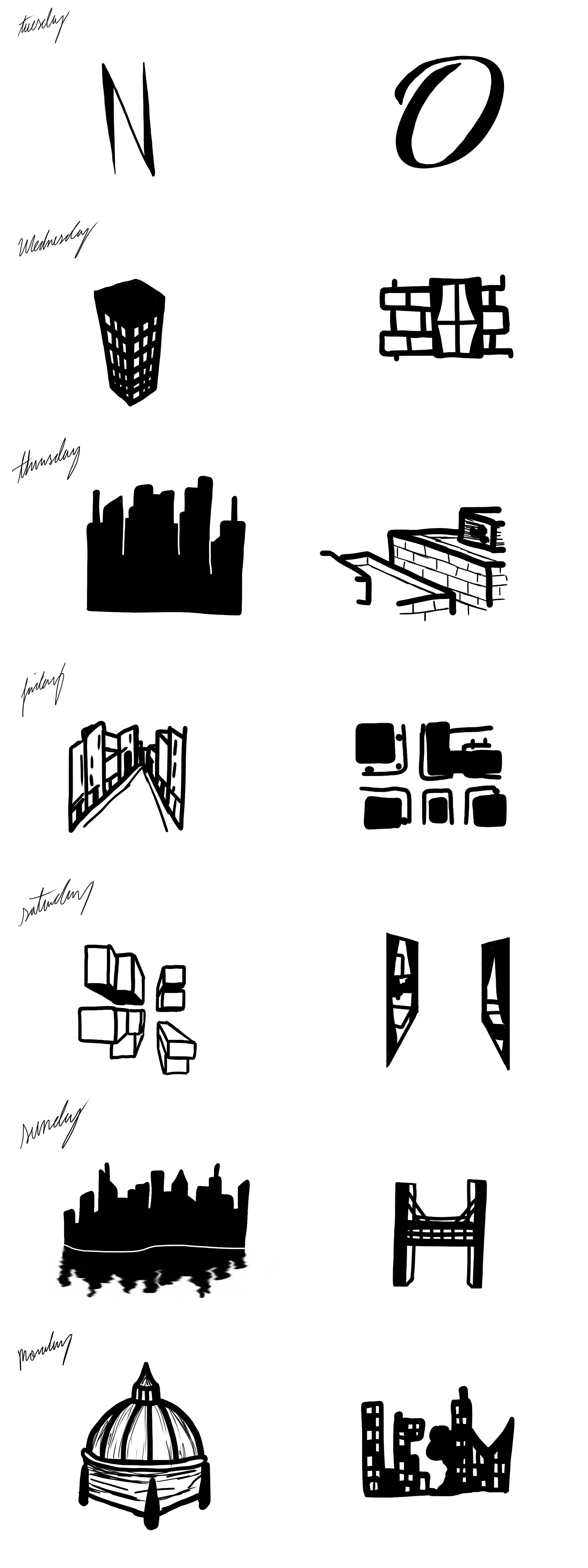Collection of black and white line drawings representing city skylines, bridges, and architectural structures for each day of the week.