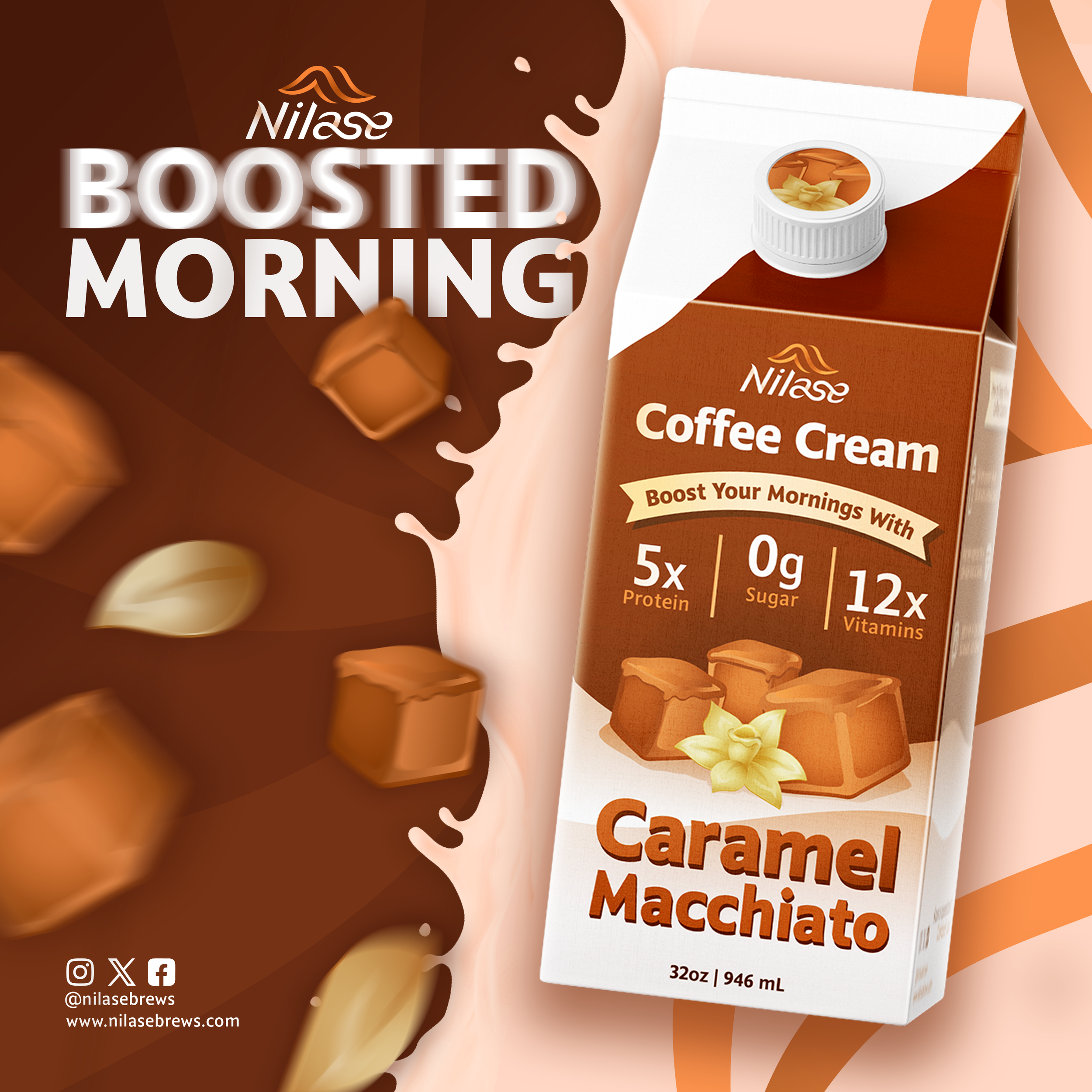 A carton of Nilase Caramel Macchiato coffee cream with promotional text highlighting five times protein, zero grams sugar, and twelve times vitamins. The background features a splash of coffee and caramel candies, emphasizing the flavor.