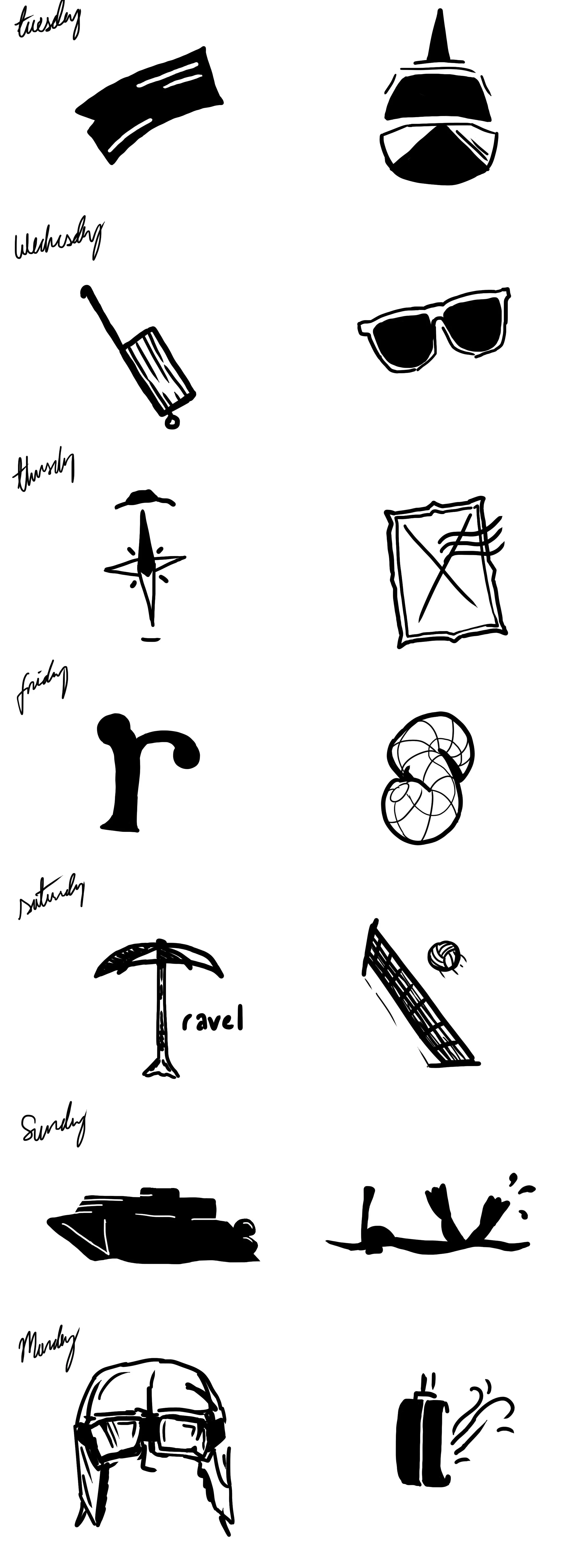 Series of sketches representing various days of the week with beach and vacation items, including a hat, sunglasses, umbrella, lounge chair, boat, and backpack. Each row is labeled with a day, from Tuesday to Monday.