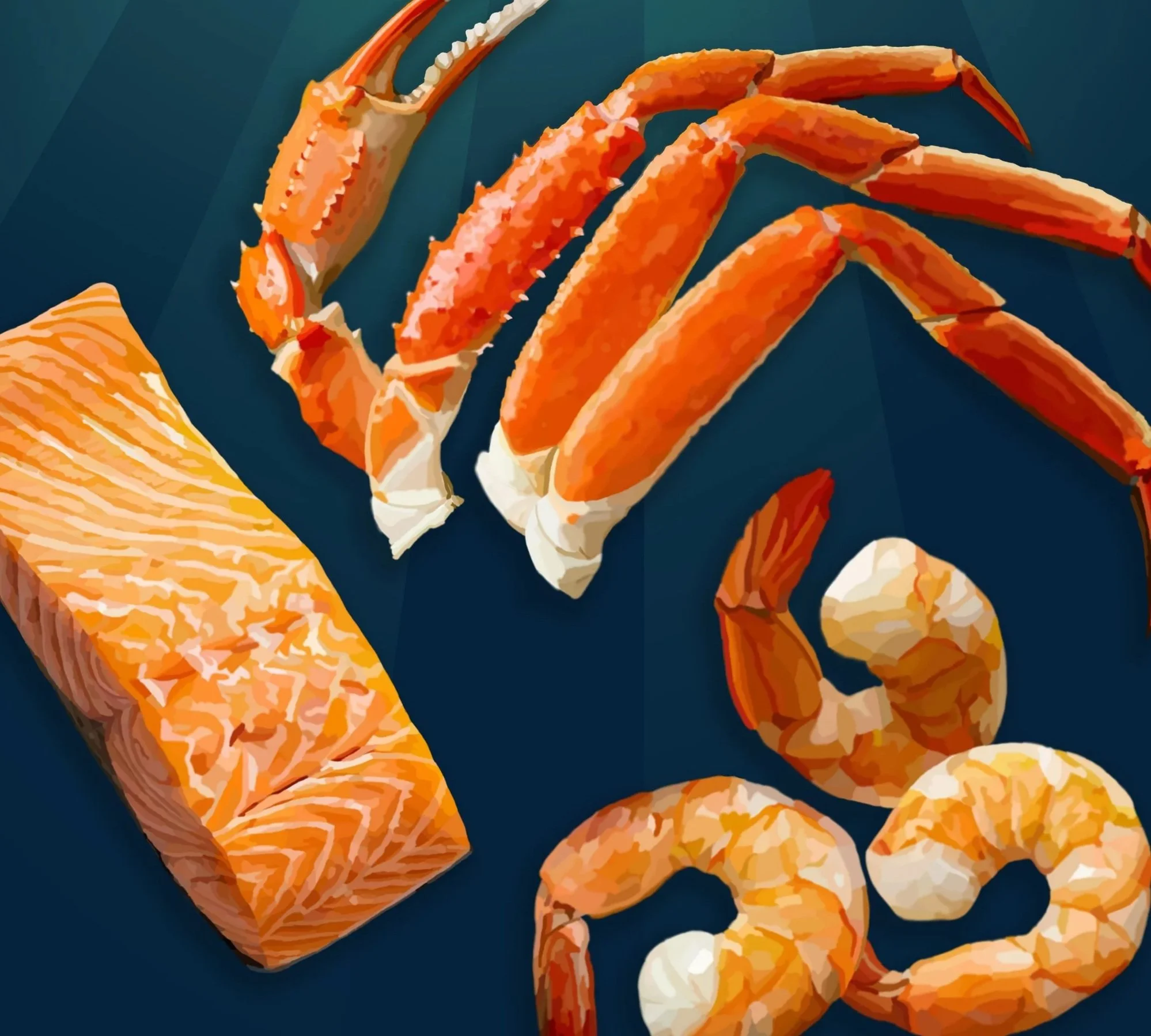 Fresh salmon fillet and cooked shrimp on a dark surface.