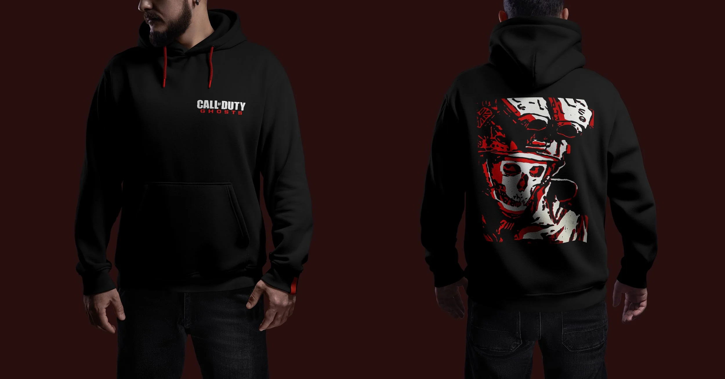Two men wear black hoodies with red accents, one showing the front and the other showing the back, featuring designs related to Call of Duty: Ghosts.