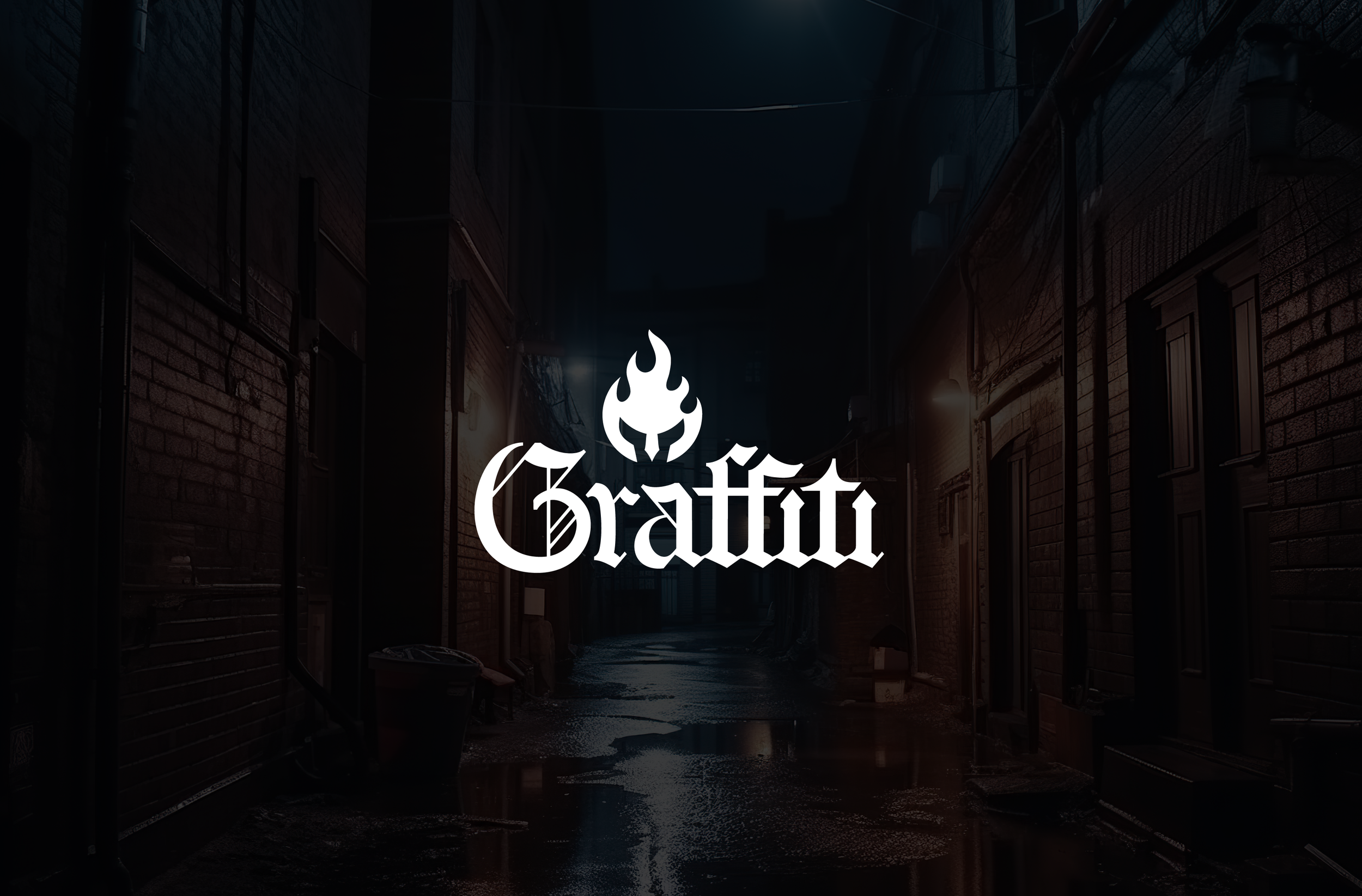 Dark alley with wet ground, graffiti logo with flame and devil horns in the center, and the word 'Graffiti' beneath it in stylized font.