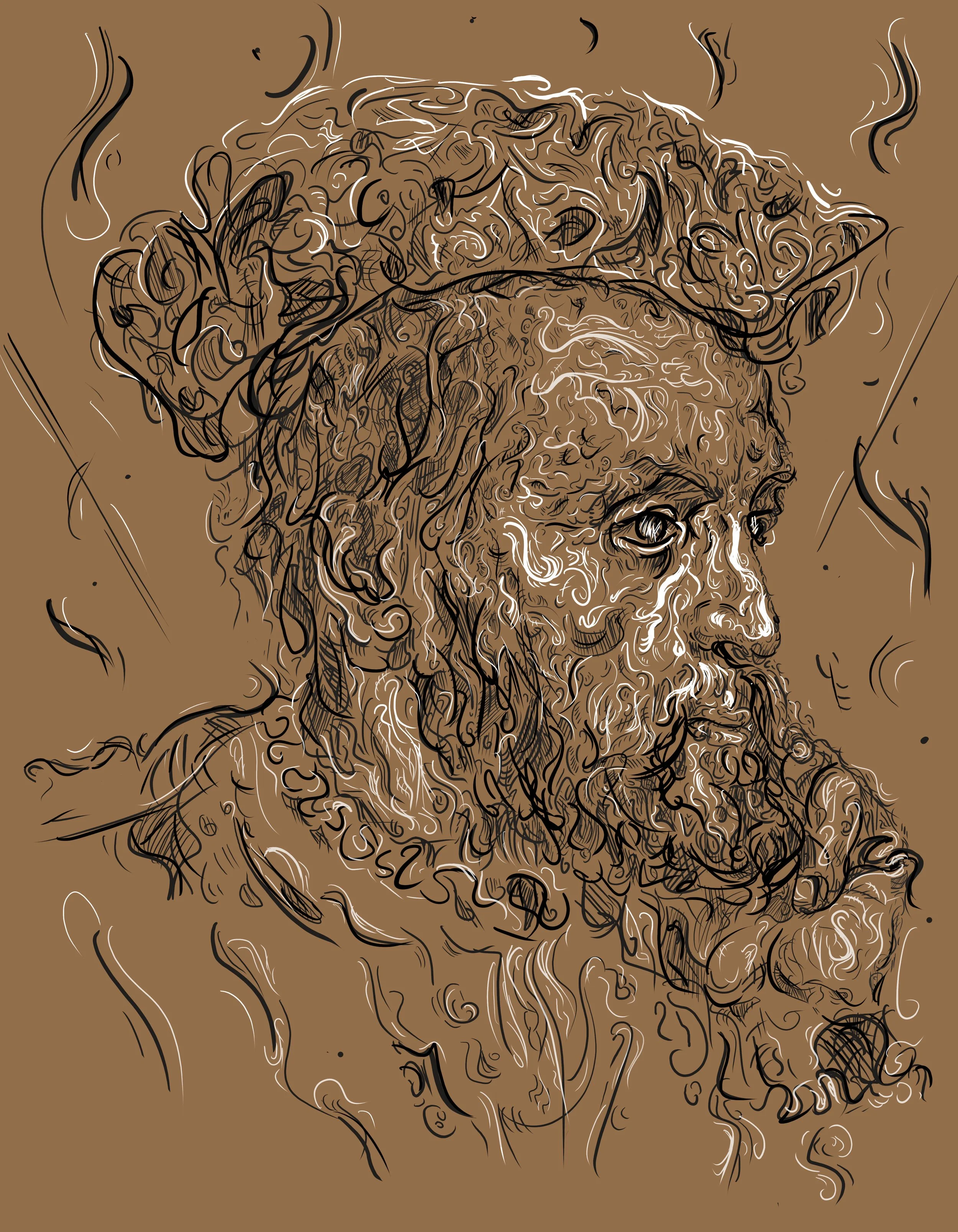 Abstract digital sketch of a person's face with a beard and curly hair, drawn with black and white lines on a brown background.