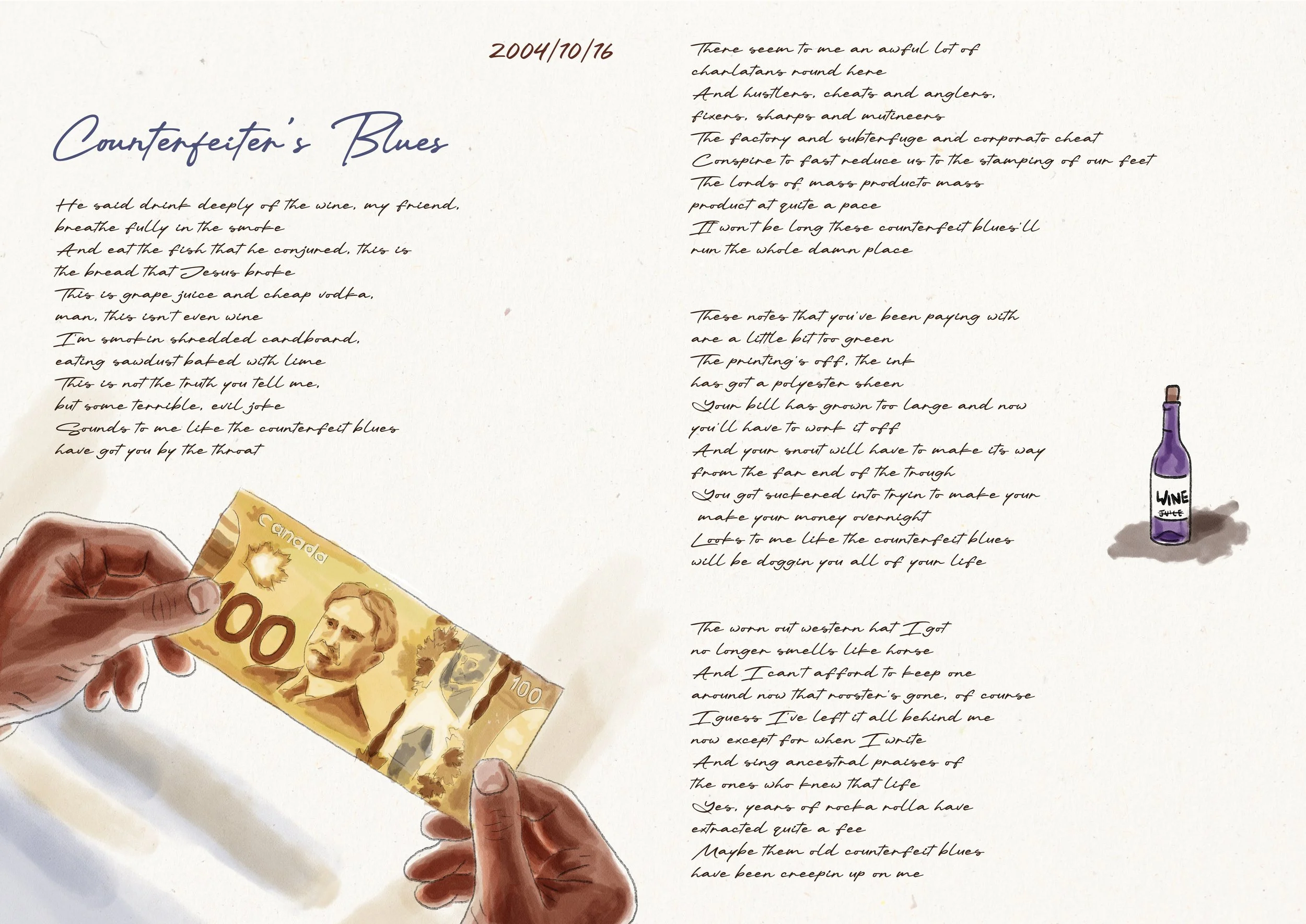 A handwritten poem titled "Counterfeiter's Blues" dated October 16, 2004, with an illustration of hands holding a Canadian 100-dollar bill and a drawing of a purple wine bottle labeled "Wine" on a piece of paper.