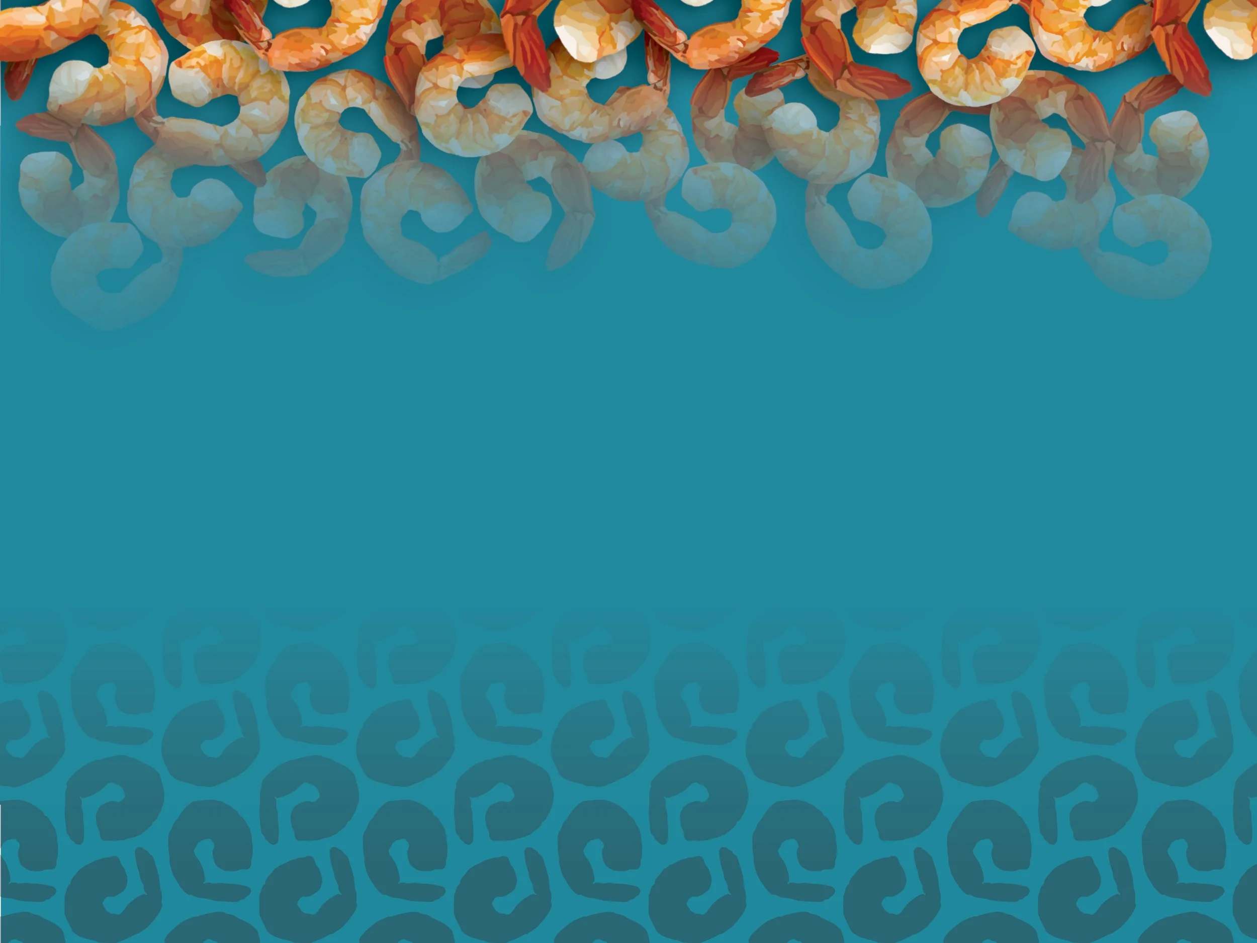 Pattern of shrimp and seafood on a blue background with space in the center for text.