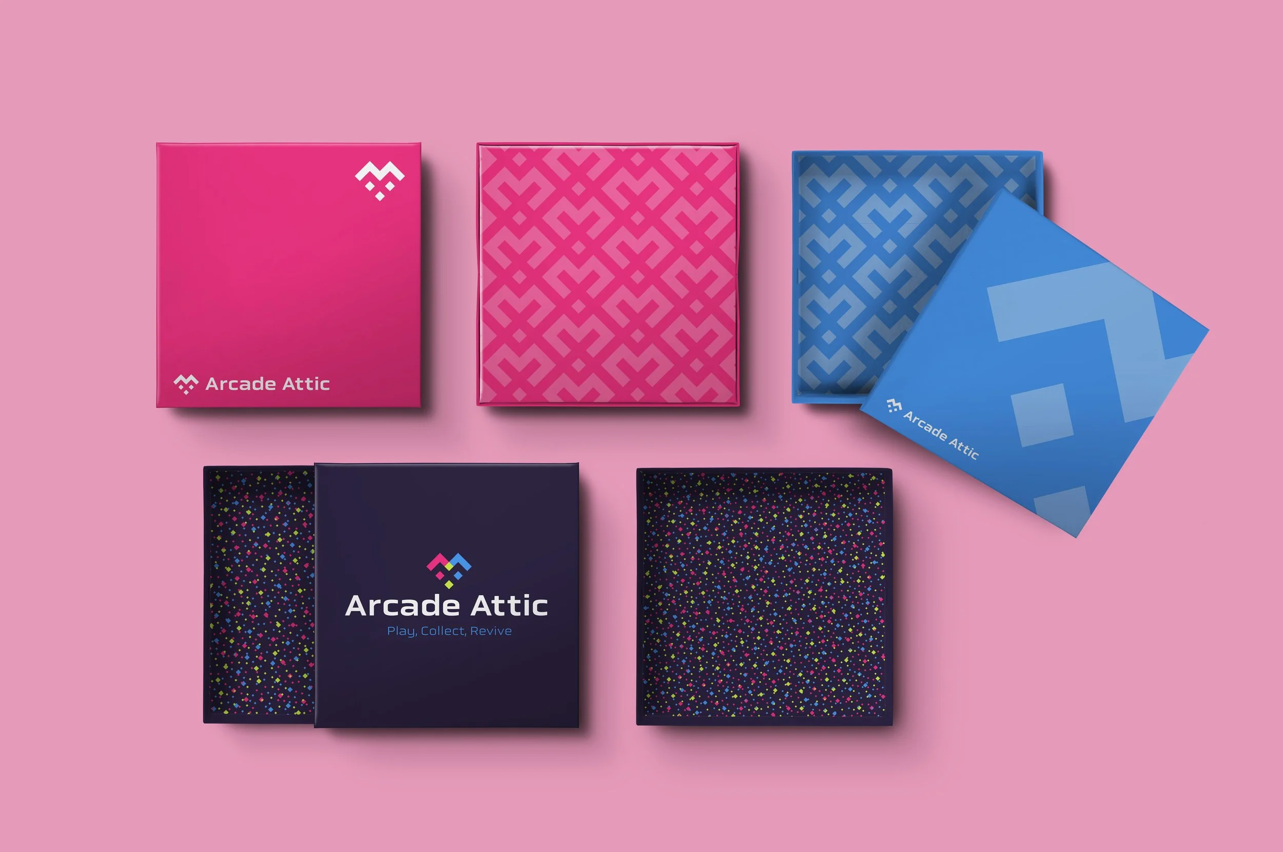 Colorful board game boxes on pink background, with one box open revealing game tiles, branded Arcade Attic with tagline "Play, Collect, Revive."