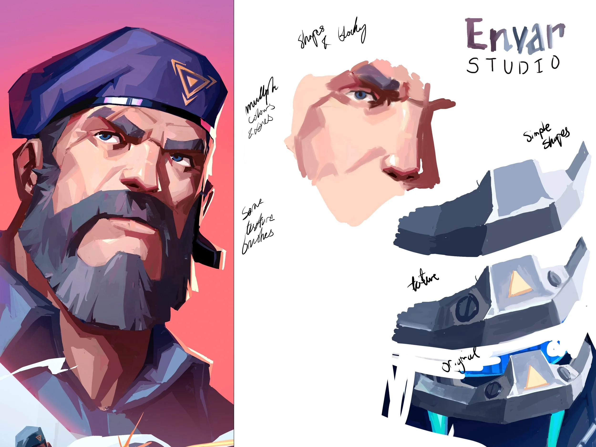 Digital illustrations of a person's face and a video game controller. The face is shown in two styles: a detailed portrait and a simplified digital painting. The controller has various labeled visual styles, and the background features text and scripts related to art and design.