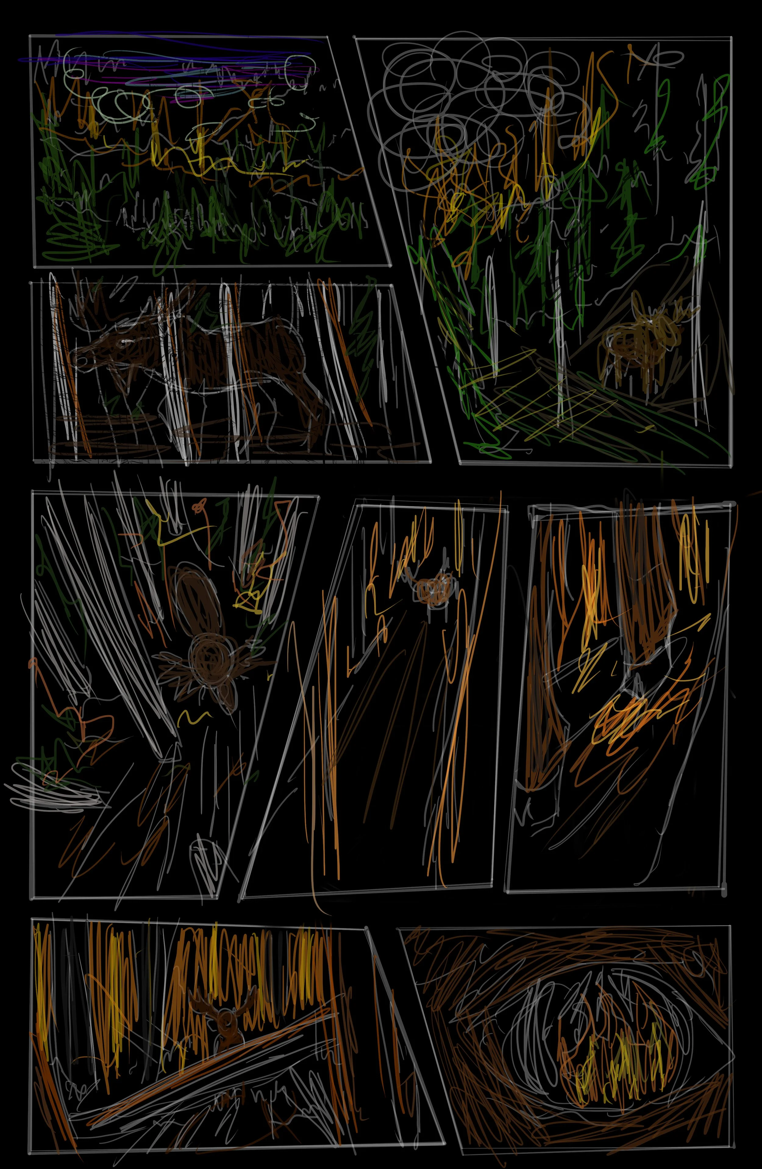 A colorful, abstract illustration resembling a comic strip with six panels, depicting scenes with nature, animals, and possibly a forest or wilderness setting with trees, plants, and a campfire.