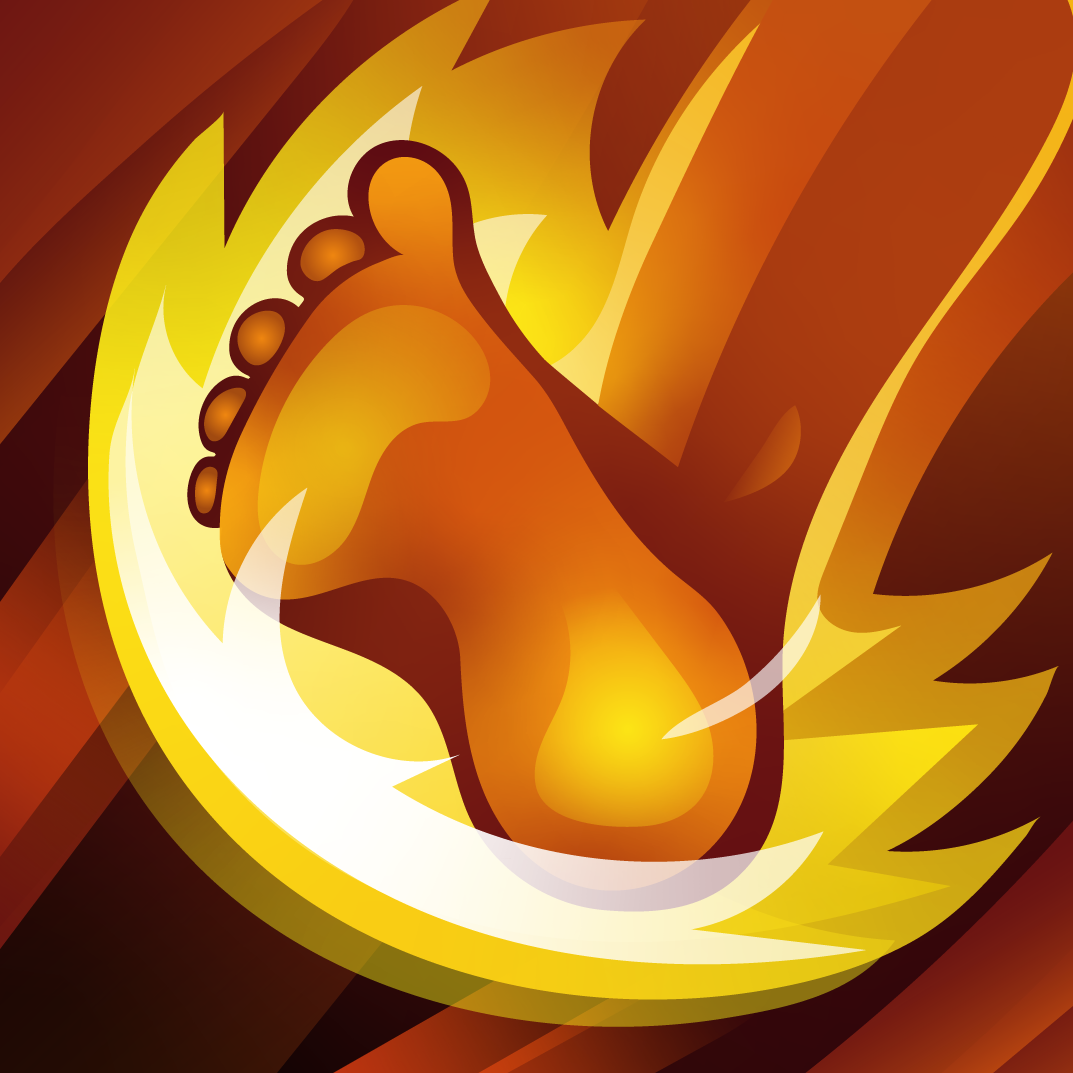 Stylized illustration of a human foot with toes, surrounded by flames in yellow, orange, and brown shades.