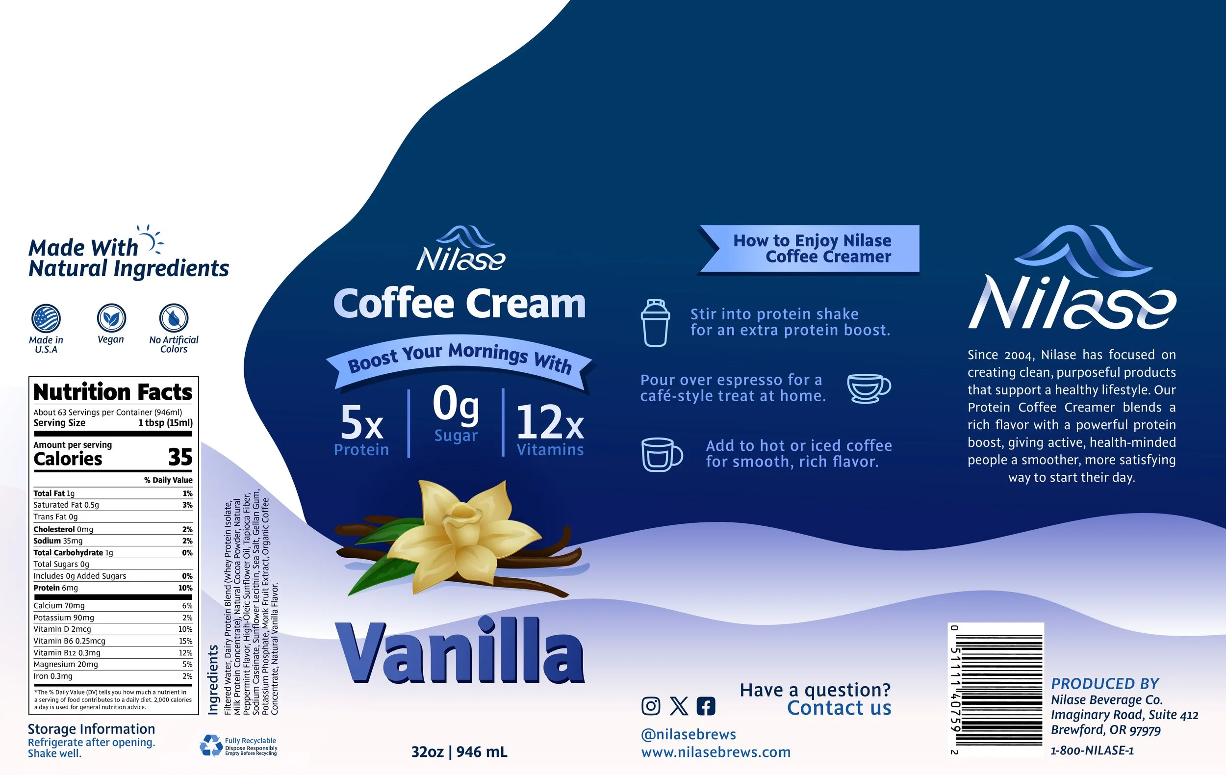 Back of a Nilase Vanilla Coffee Creamer bottle, displaying product information, ingredients, and usage instructions.