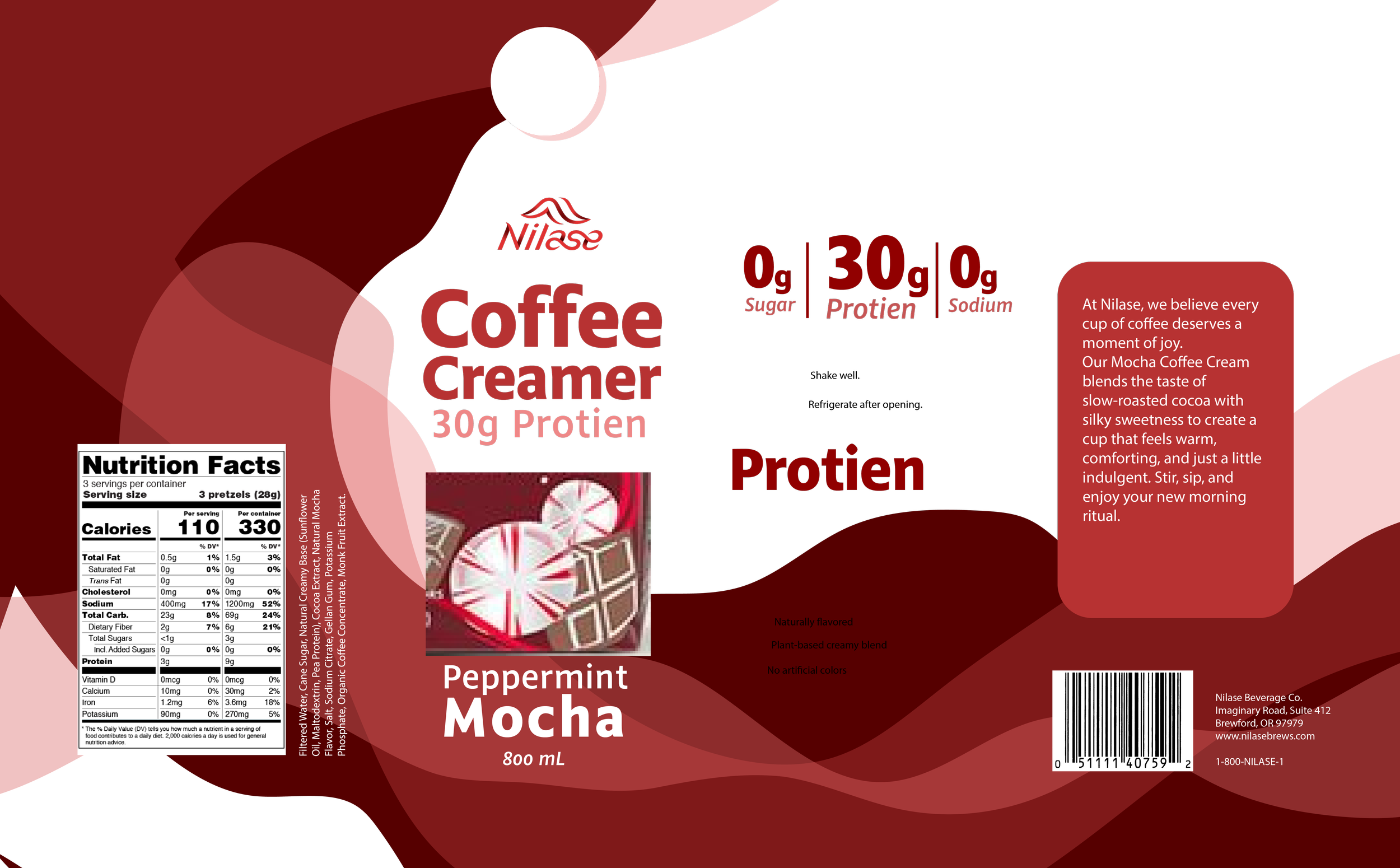 Packaging label of Nilase Peppermint Mocha coffee creamer, showing nutrition facts, ingredients, and product description.