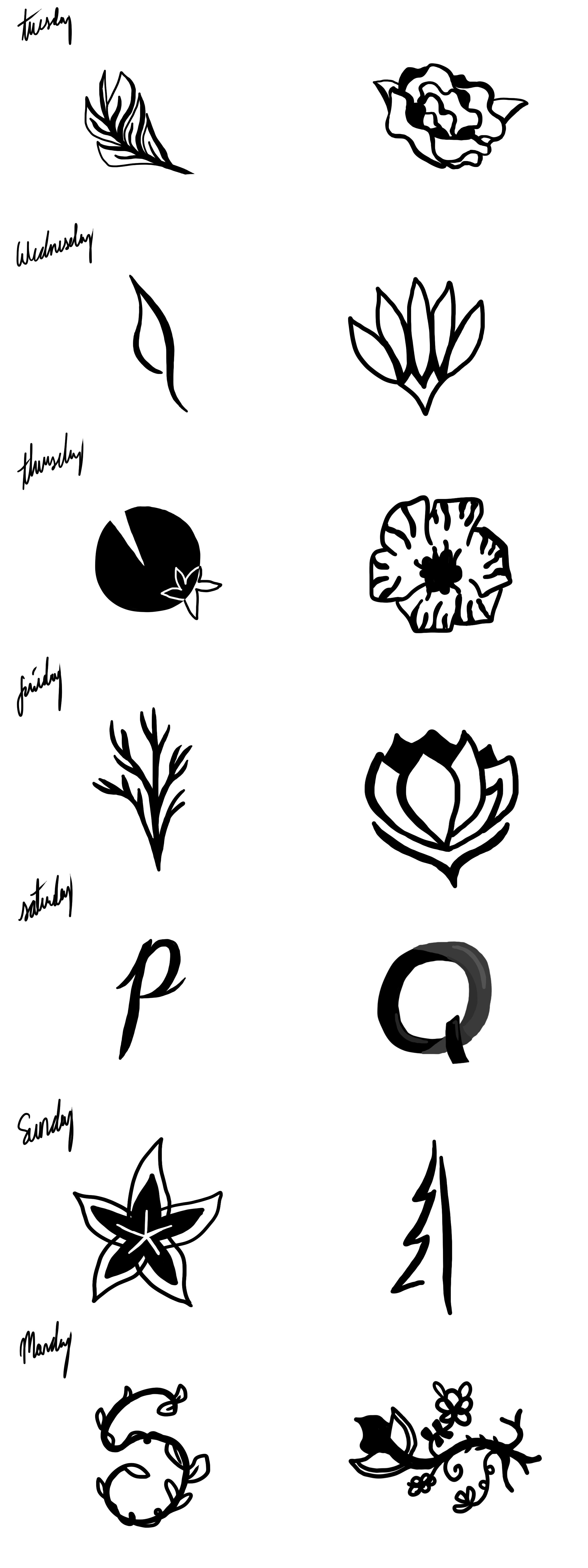 A collection of black and white tattoo-style floral and botanical illustrations, organized by days of the week, with some designs featuring cursive text labeling the days.