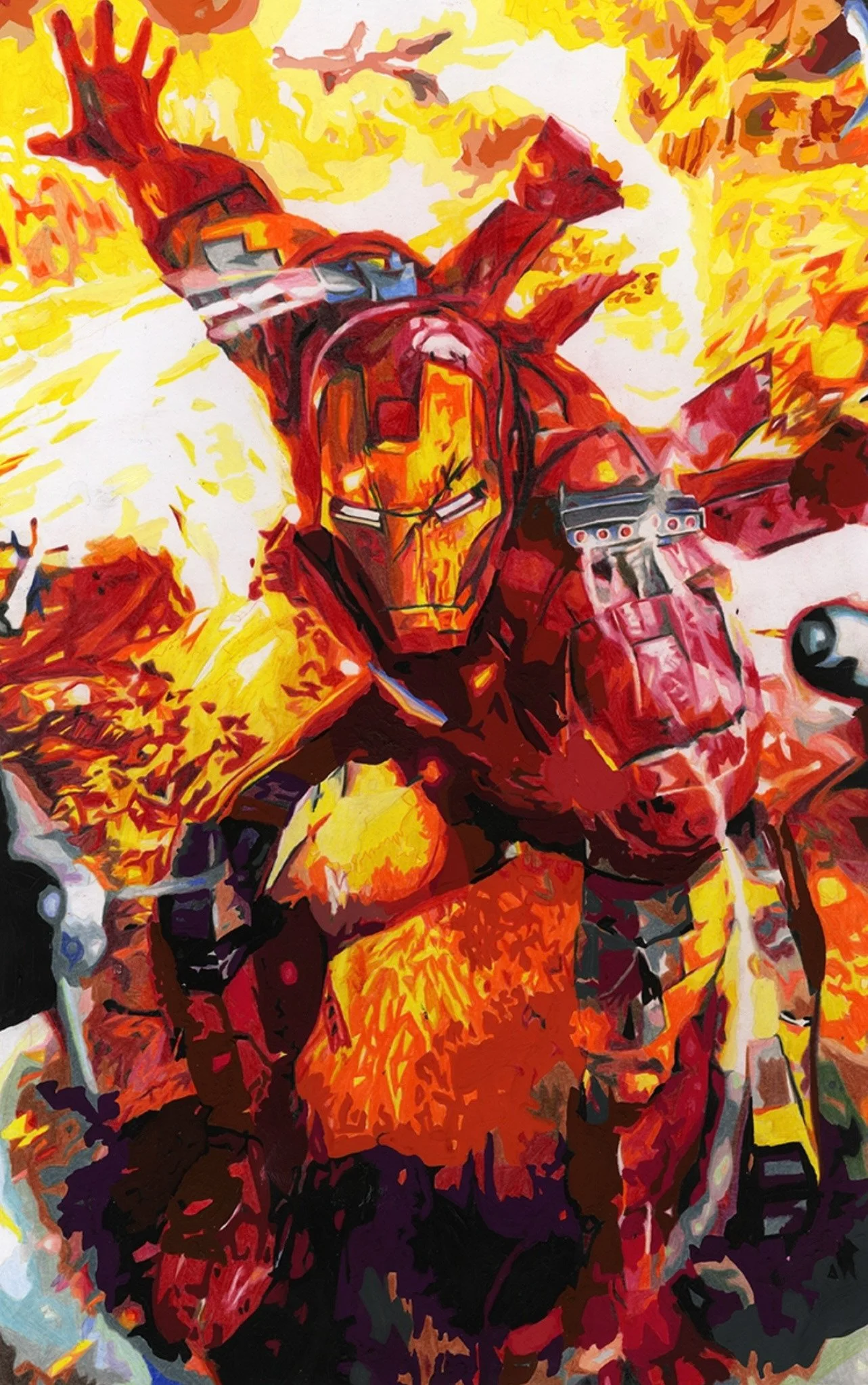 A stylized illustration of Iron Man, a Marvel superhero, in a red and gold armor suit, with an American flag theme in the background.