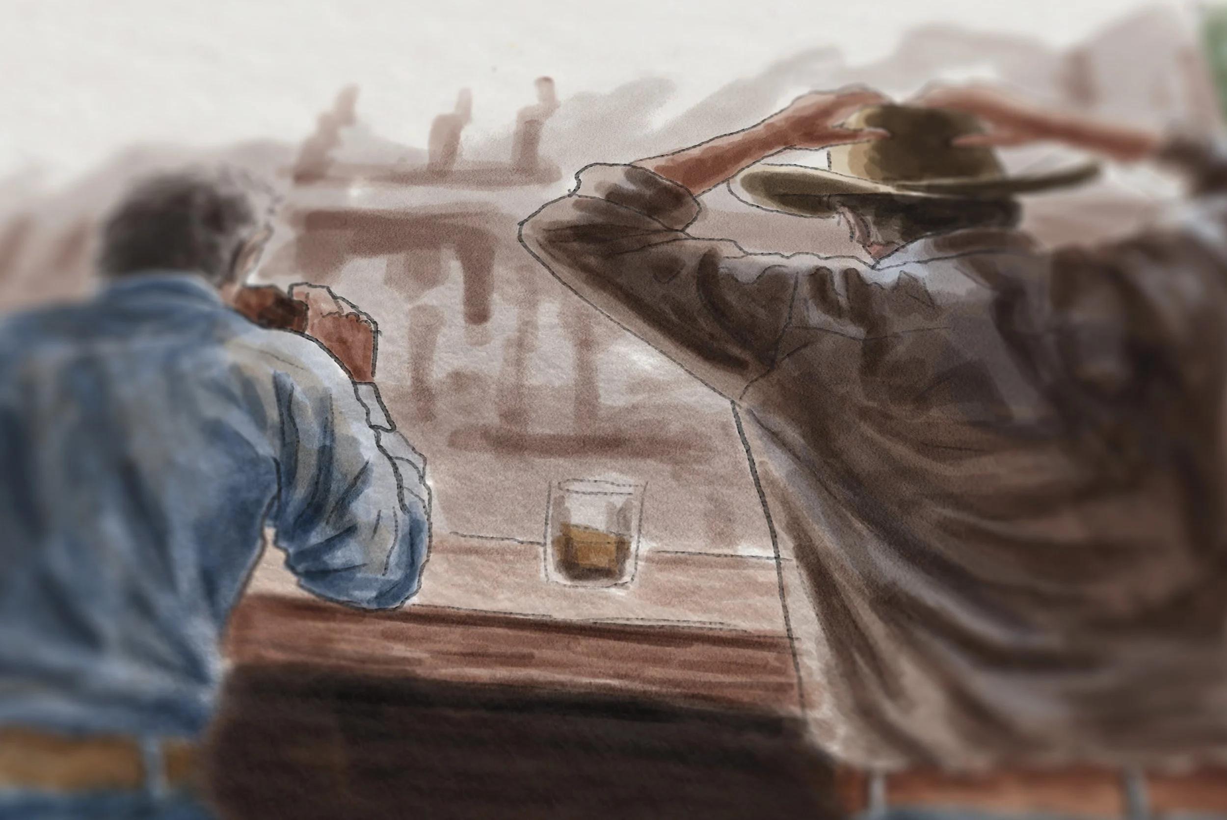 Watercolor painting of two men sitting at a bar, one drinking and the other holding a hat, with a glass of dark beverage on the bar counter.