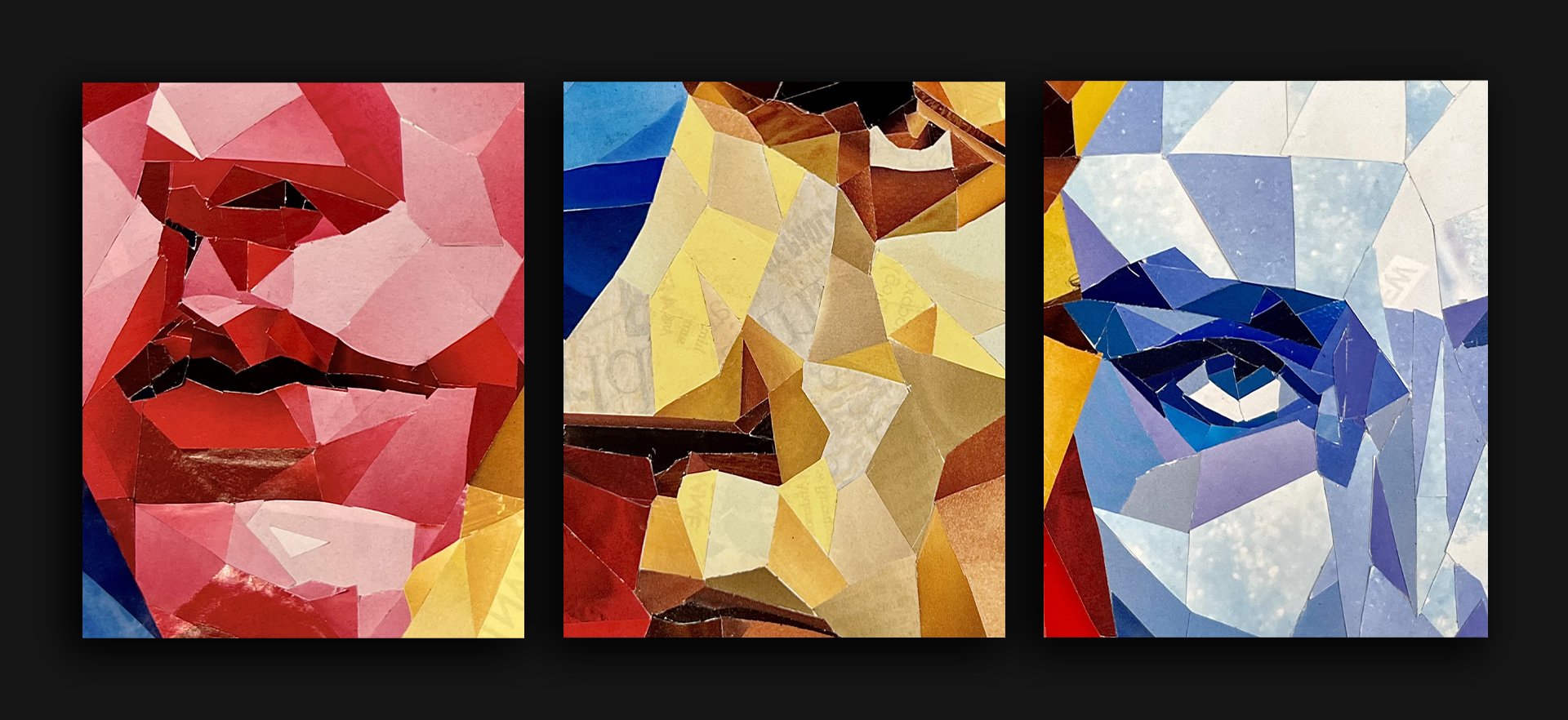 A collage of three mosaic-style images of iconic faces: Superman, Batman, and Wonder Woman, each created with colored paper fragments.