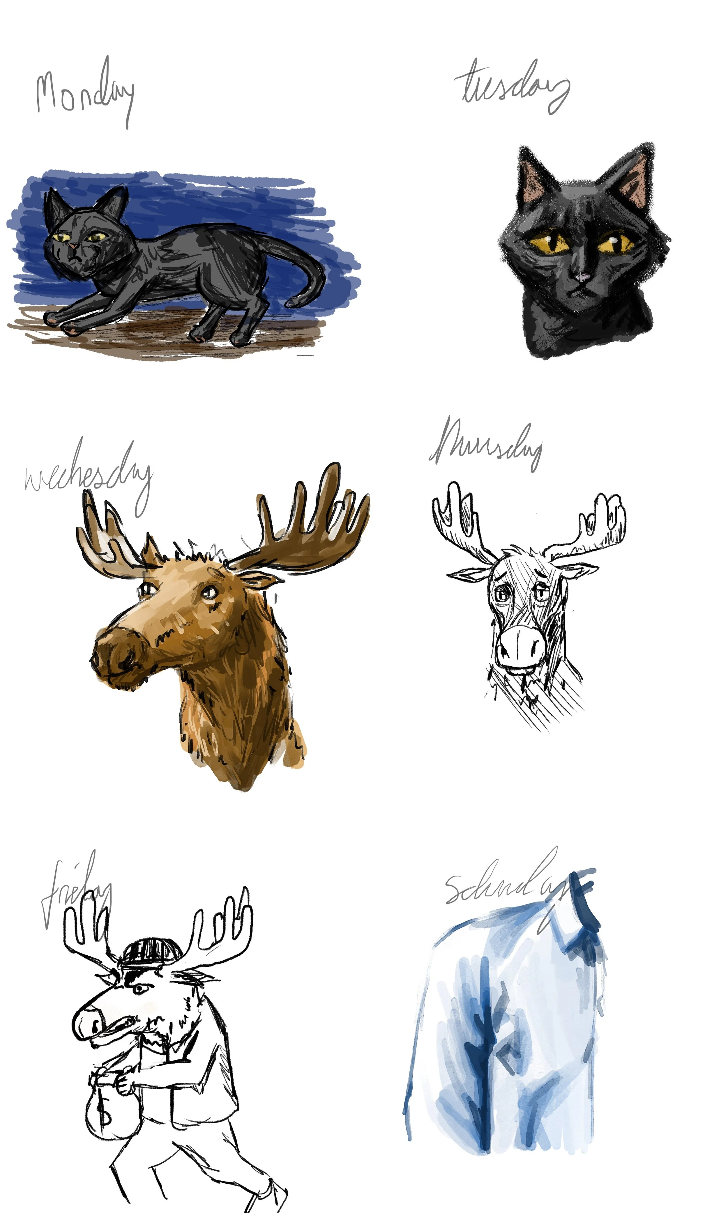 Hand-drawn illustrations of animals and a person, with days of the week written above each: a black cat on Monday, a black cat on Tuesday, a moose on Wednesday, a reindeer on Thursday, a moose with a hat on Friday, and a person wearing a blue shirt on Saturday.
