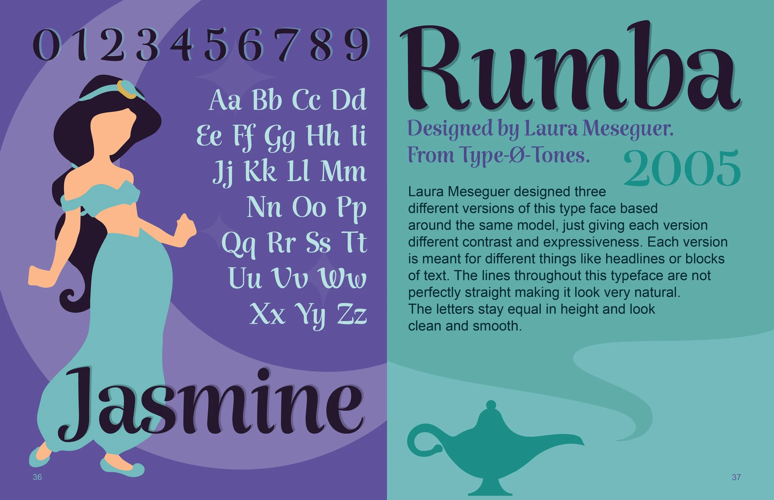 A colorful two-page spread featuring a cartoon depiction of Jasmine, a style of font called Rumba designed by Laura Meseguer in 2005 from Type-O-Tones, a display of the alphabet, numerals, and descriptive information about the font. The background has purple and teal hues with whimsical font illustrations.