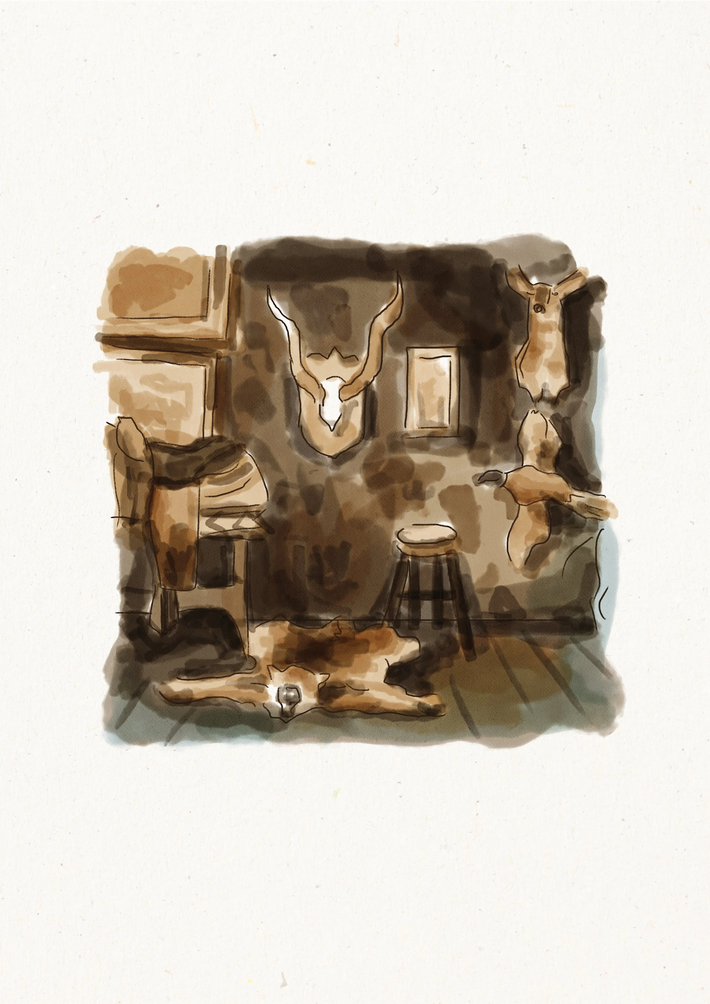 A rustic interior with mounted animal heads, a fur rug, a stool, a chair with a jacket, and a framed picture, in earthy tones.