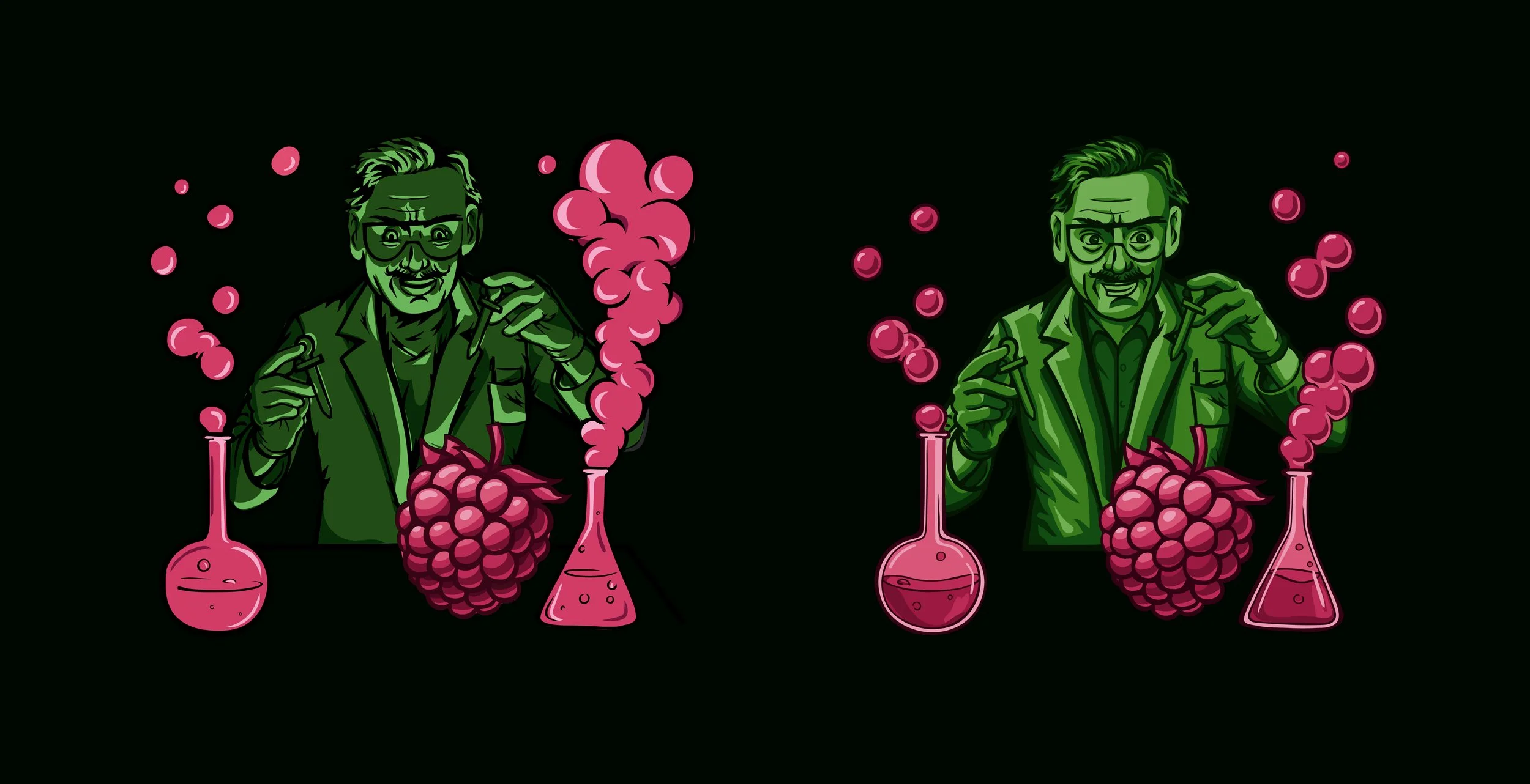 Digital illustration of two scientists in green outfits conducting chemistry experiments with beakers and bubbling pink liquids, with a cluster of pink grapes between them, set against a black background.