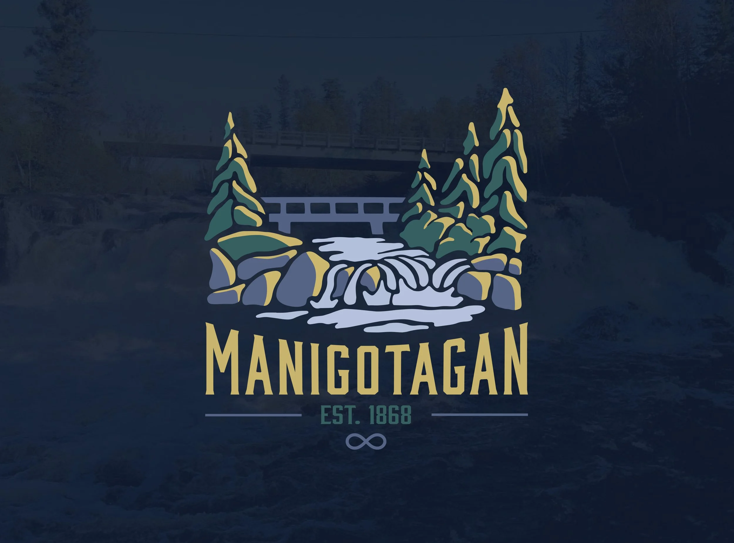 Illustration of a river flowing over rocks with pine trees on the sides and a bridge in the background, featuring the text 'Manitogagan Est. 1868'.