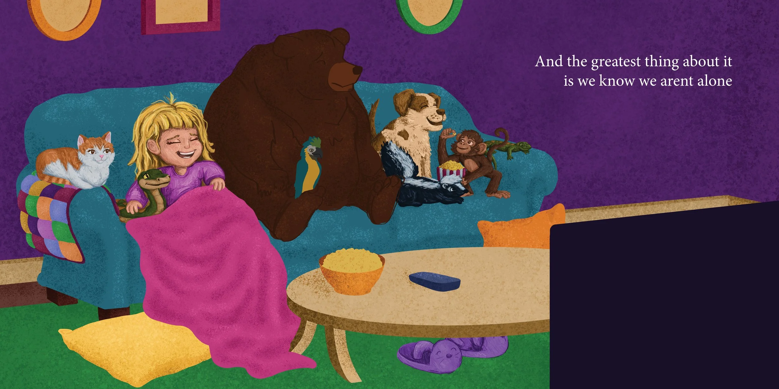 Illustration of a girl with blonde hair watching TV on a sofa with a cat, a snake, a bear, a parrot, a dog, a monkey, a lizard, and a skunk, with a purple wall and a gold and green carpet.