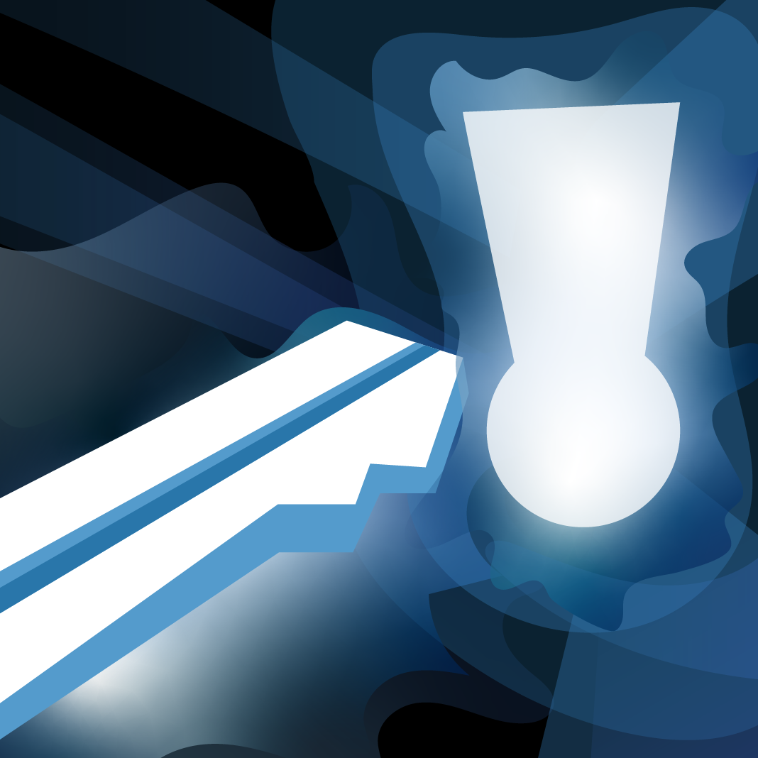 Abstract illustration of a rising arrow with a bright light at its tip, symbolizing growth or success, set against a dark background with blue and white accents.