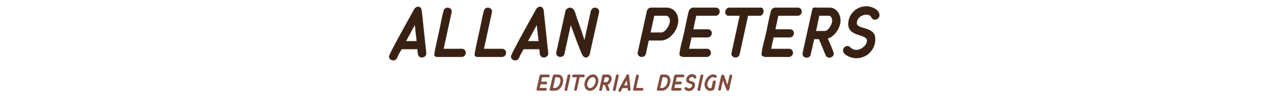 A book cover titled 'Allan Peters: Editorial Design'. The title and author's name are written in dark brown texts on a black background.