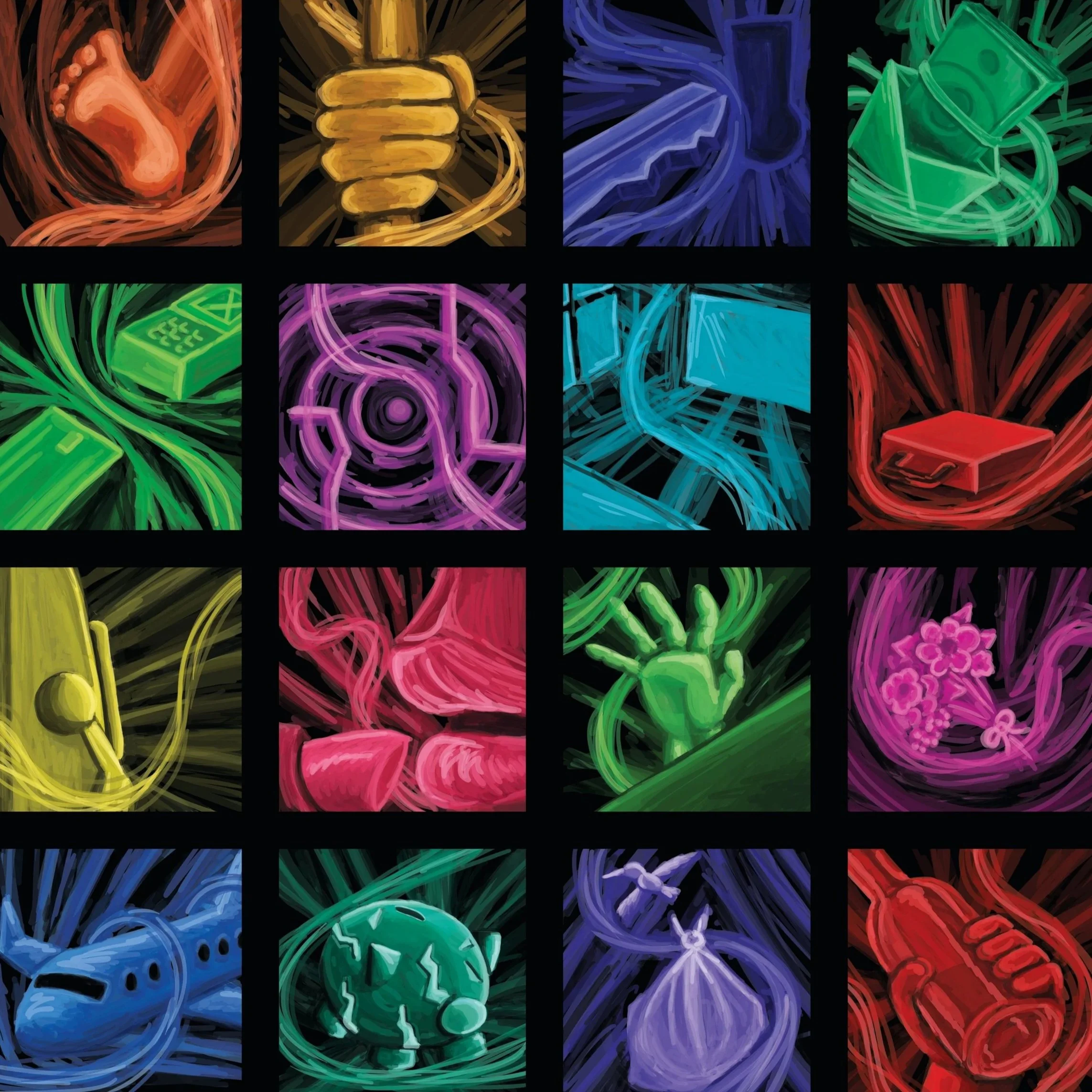 A collage of colorful digital illustrations of various objects, including a foot, a clenched fist, a handgun, dollar bills, a smartphone, a radar, a circuit board, a briefcase, a key, pills, a hand, flowers, a remote, a grenade, a Tie Fighter, and a soda bottle, each depicted in a neon glow art style.