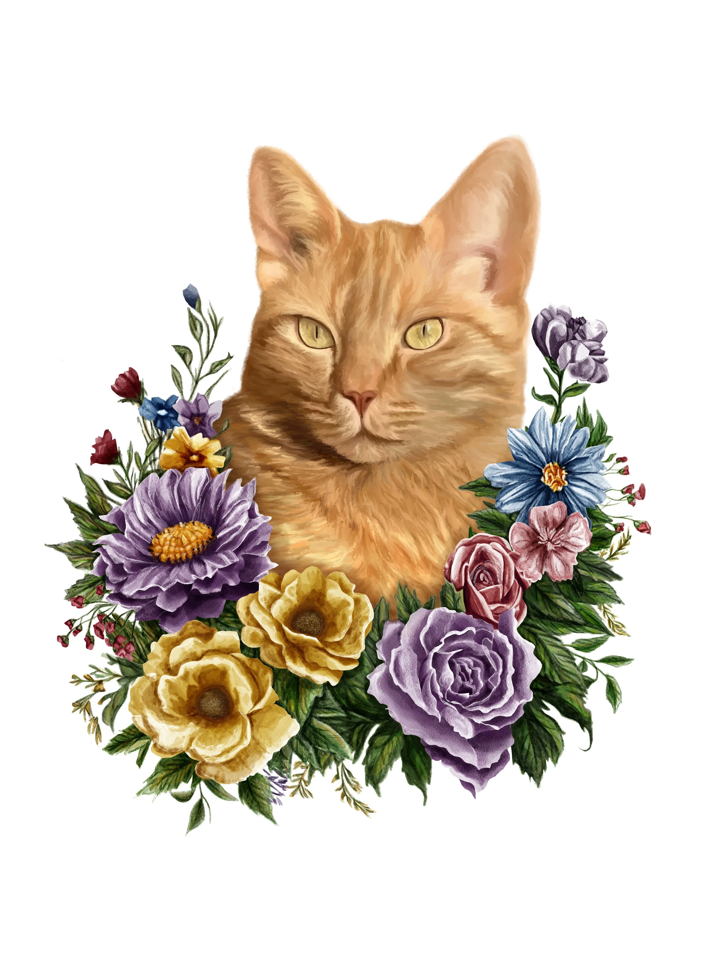 An orange tabby cat surrounded by colorful flowers including purple, yellow, pink, and blue blossoms with green leaves.