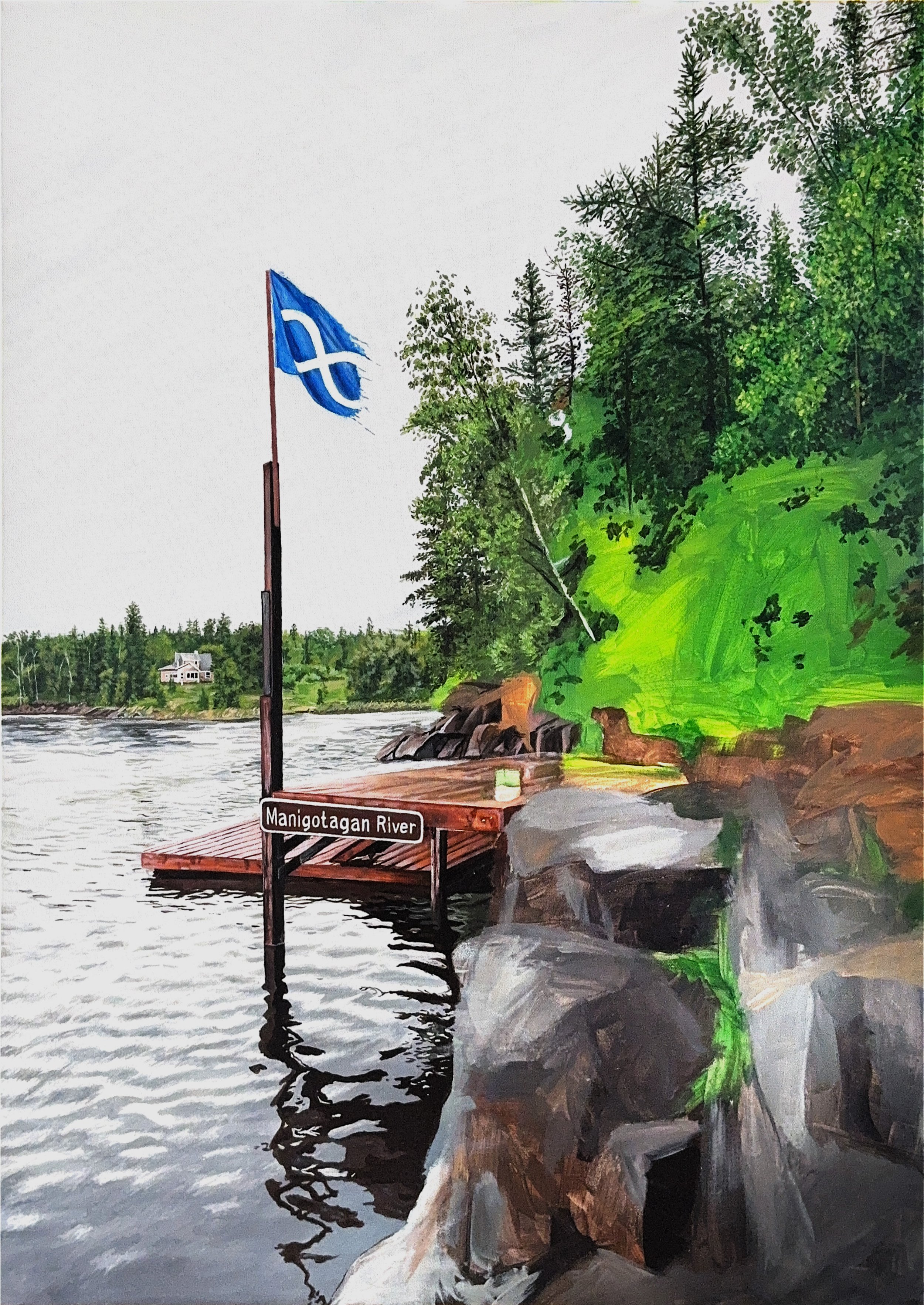 Waterfront view of the Manigotagan River with a wooden dock and a flag with blue and white design, surrounded by green trees and rocks.