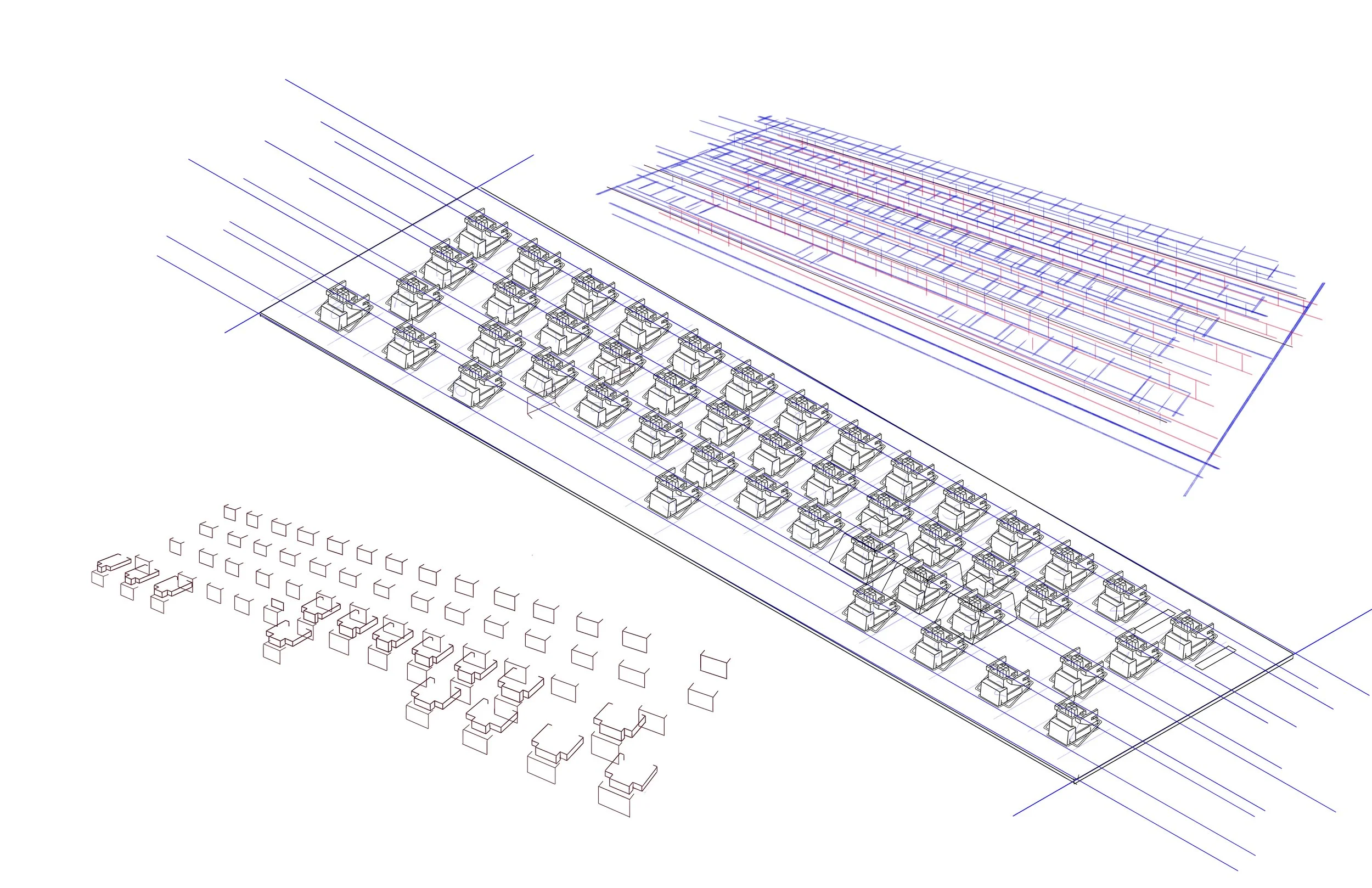3D wireframe model of an industrial or factory setting with multiple rows of machinery or workstations.