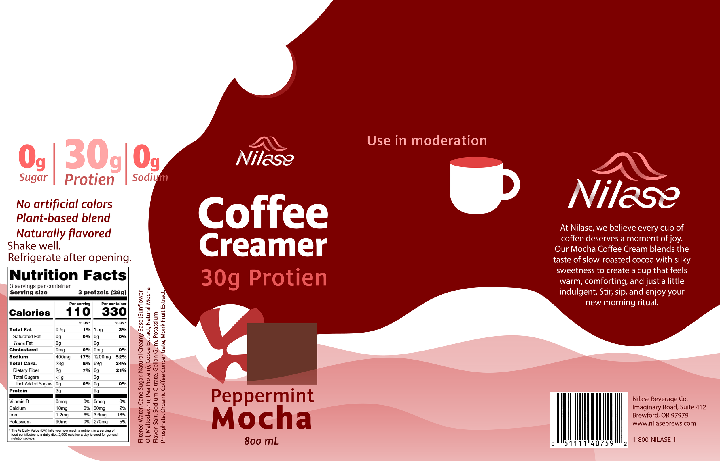 Coffee creamer package labeled Peppermint Mocha with 30 grams of protein, no artificial colors, plant-based, naturally flavored, with nutrition facts and company information.